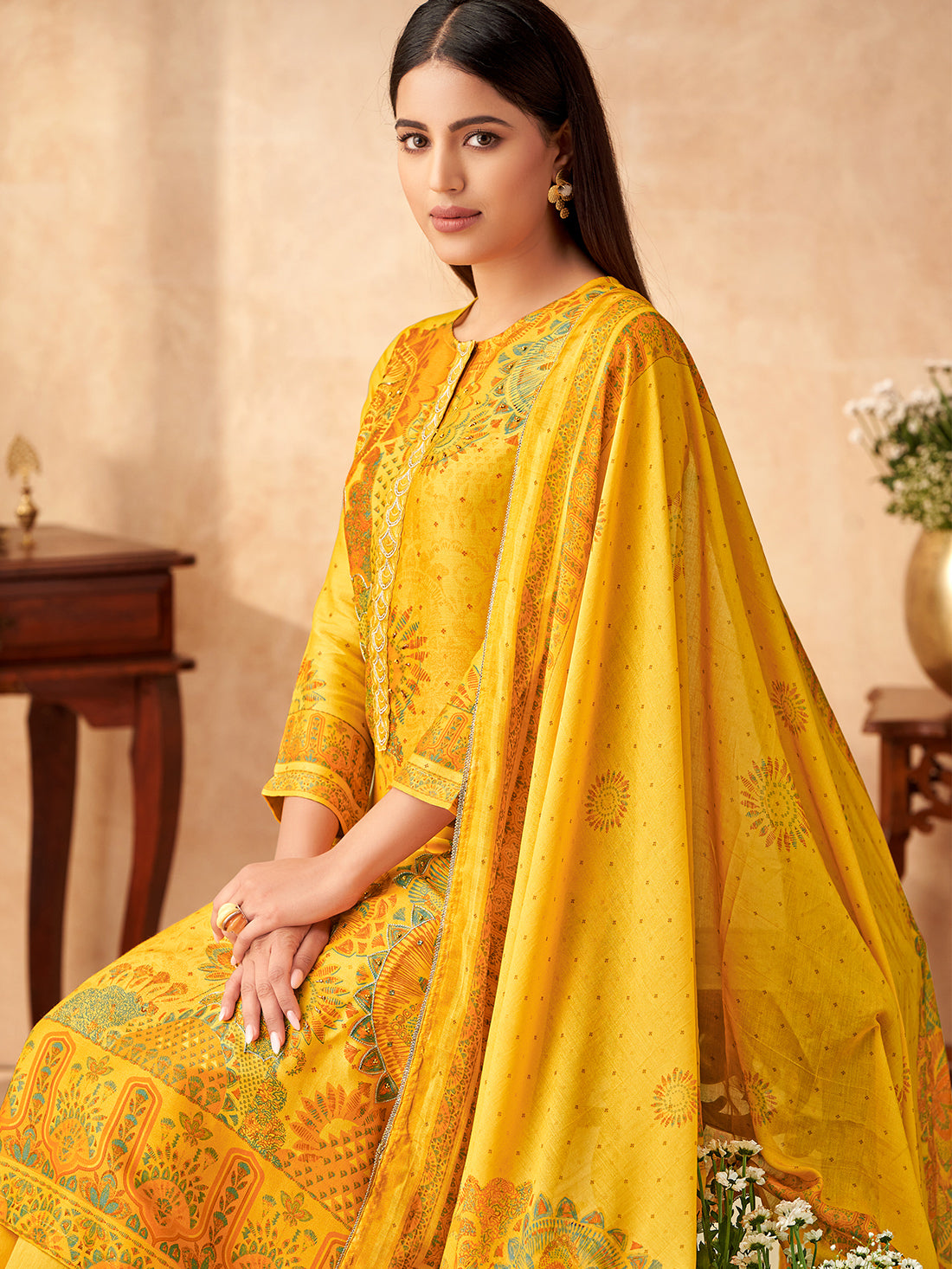VRUSHTI YELLOW Simmar Tissue Unstitched Set With Fancy Handwork & Embroidery
