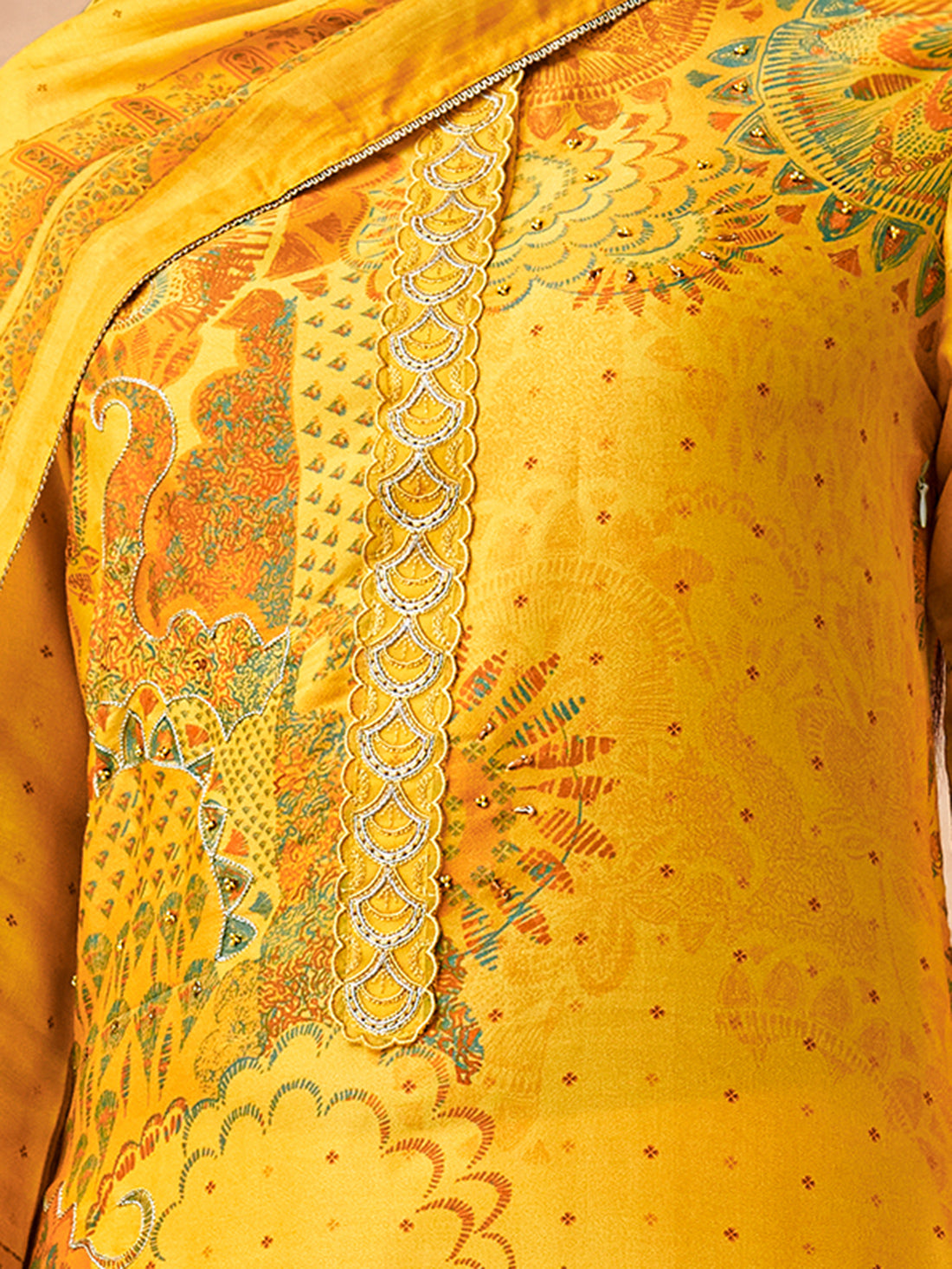 VRUSHTI YELLOW Simmar Tissue Unstitched Set With Fancy Handwork & Embroidery