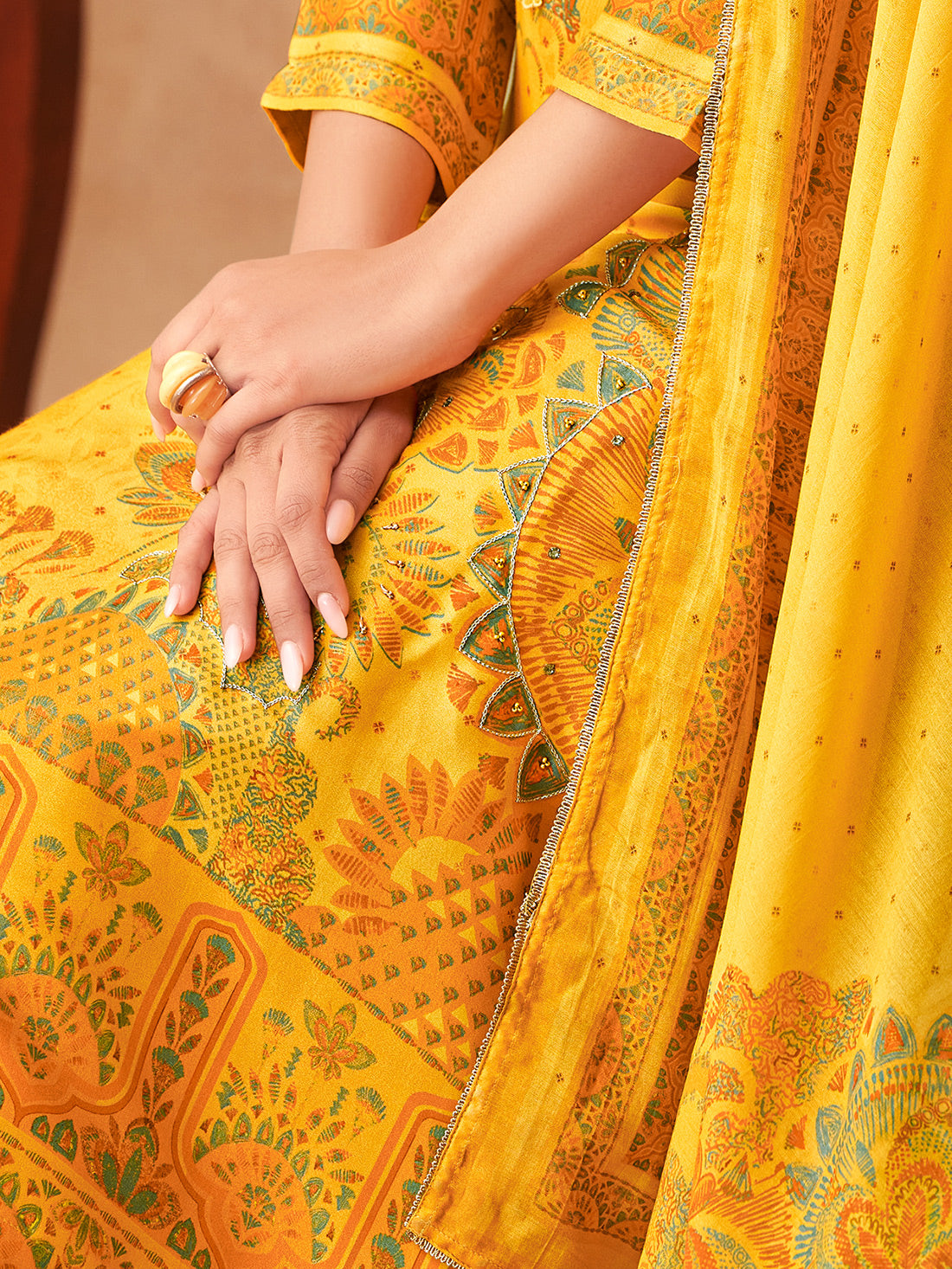 VRUSHTI YELLOW Simmar Tissue Unstitched Set With Fancy Handwork & Embroidery