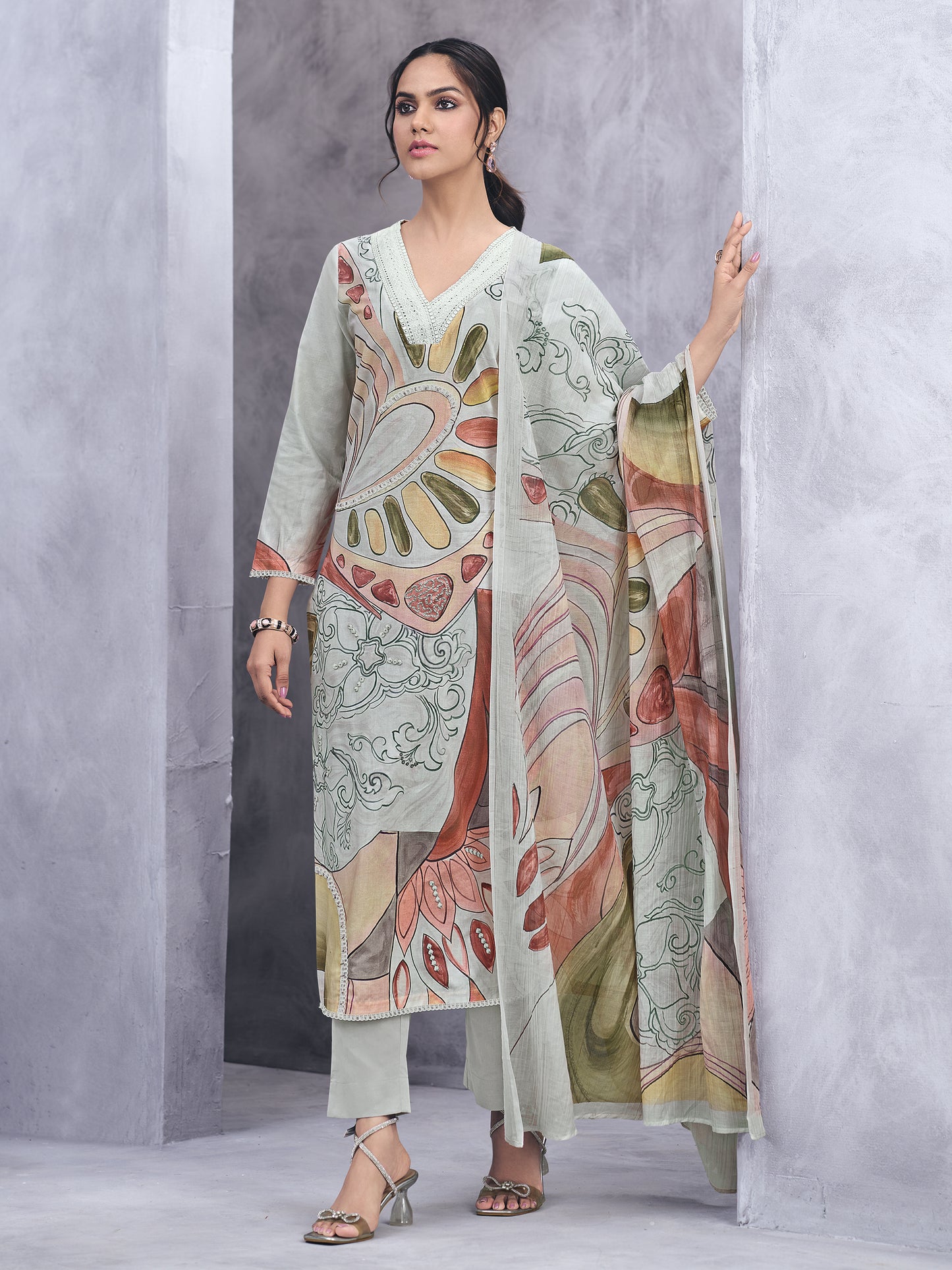 RAHA LIGHTGREEN Pure Cotton Unstitched Set with Exquisite Handwork & Embroidery