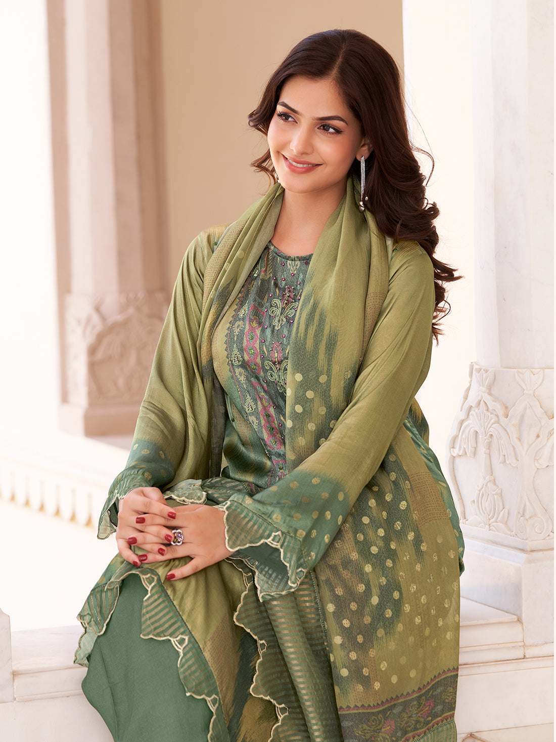 SANAYA RAMA GREEN Gazi Unstitched Set With Handwork & Embroidery