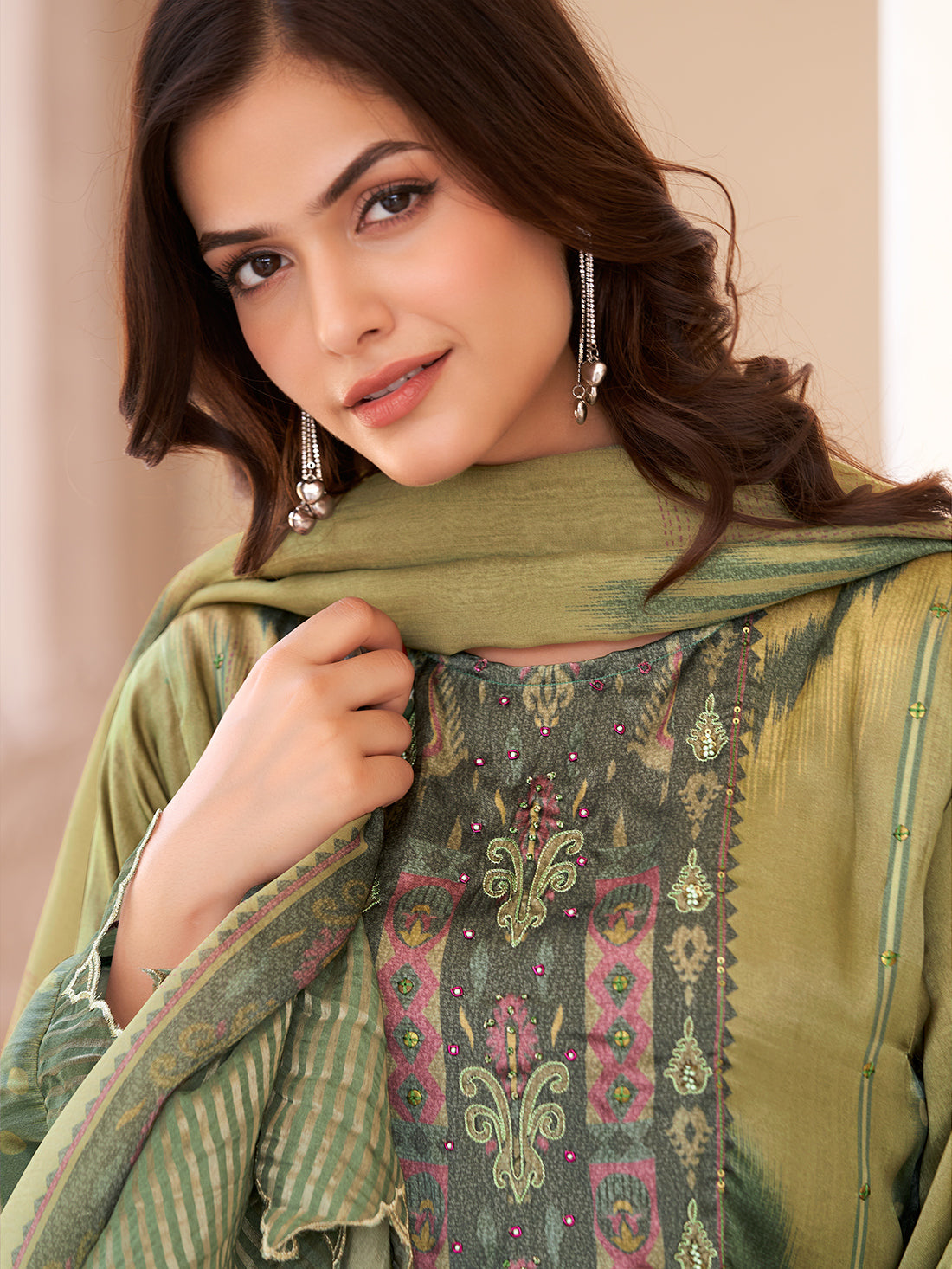 SANAYA RAMA GREEN Gazi Unstitched Set With Handwork & Embroidery