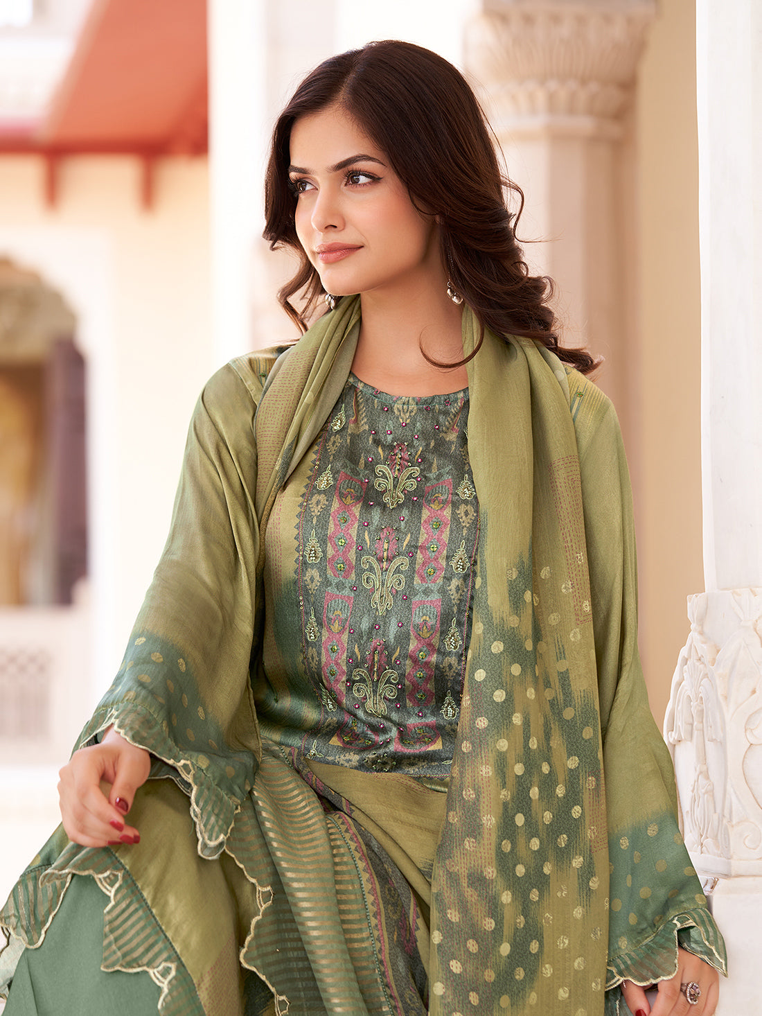 SANAYA RAMA GREEN Gazi Unstitched Set With Handwork & Embroidery
