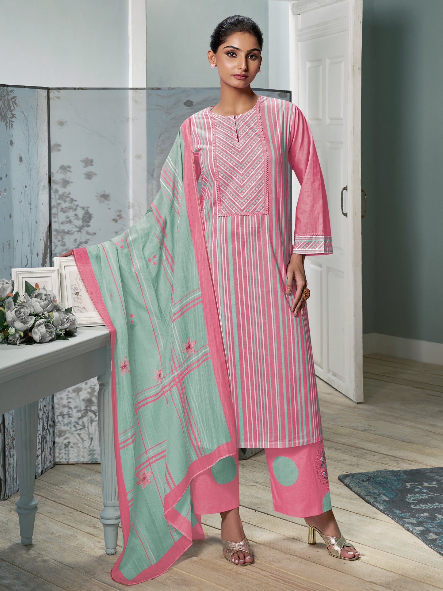 CHEVRON PINK Timeless Cotton Suit Set with Elegant Handwork & Embroidery