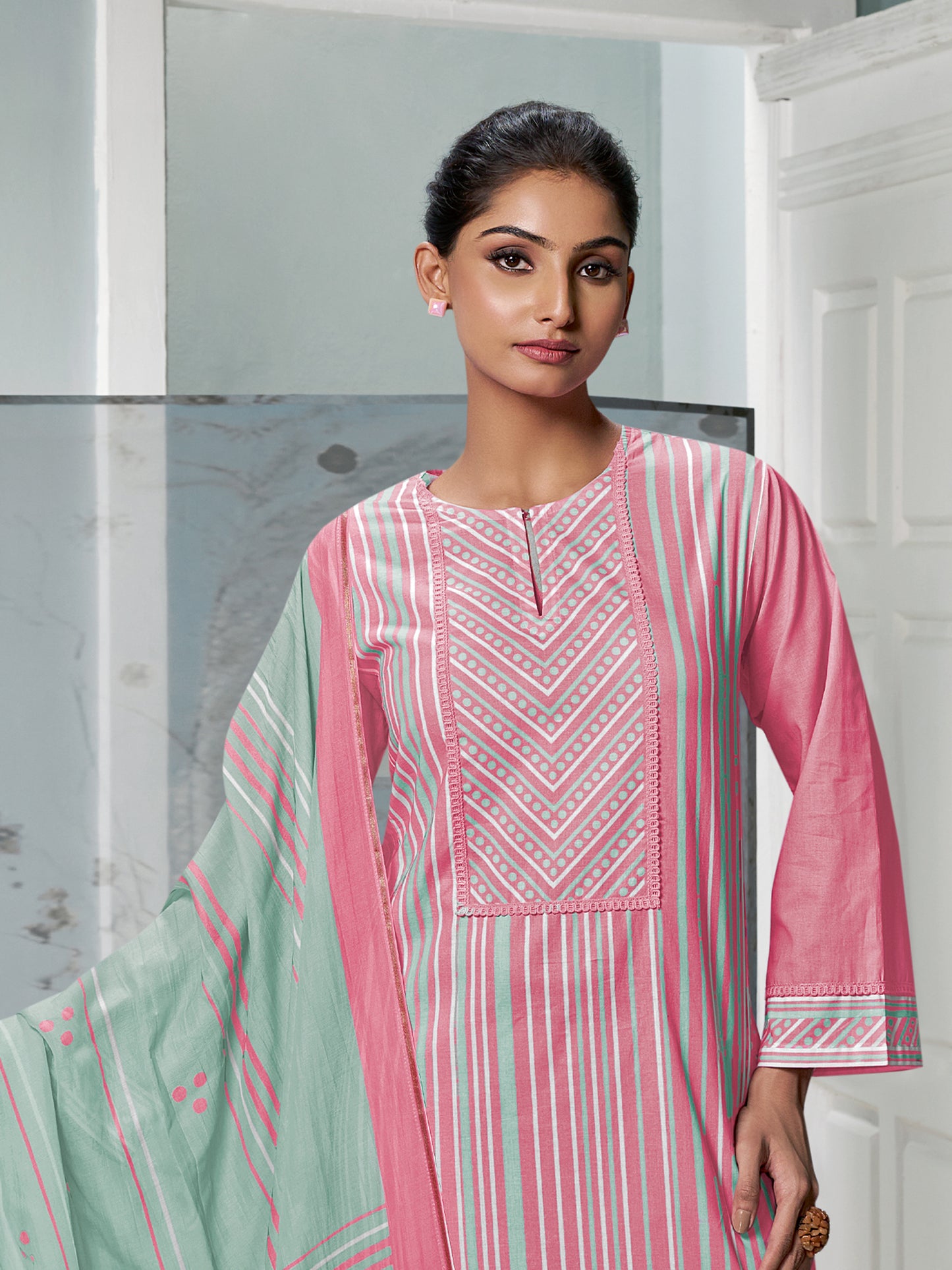 CHEVRON PINK Timeless Cotton Suit Set with Elegant Handwork & Embroidery
