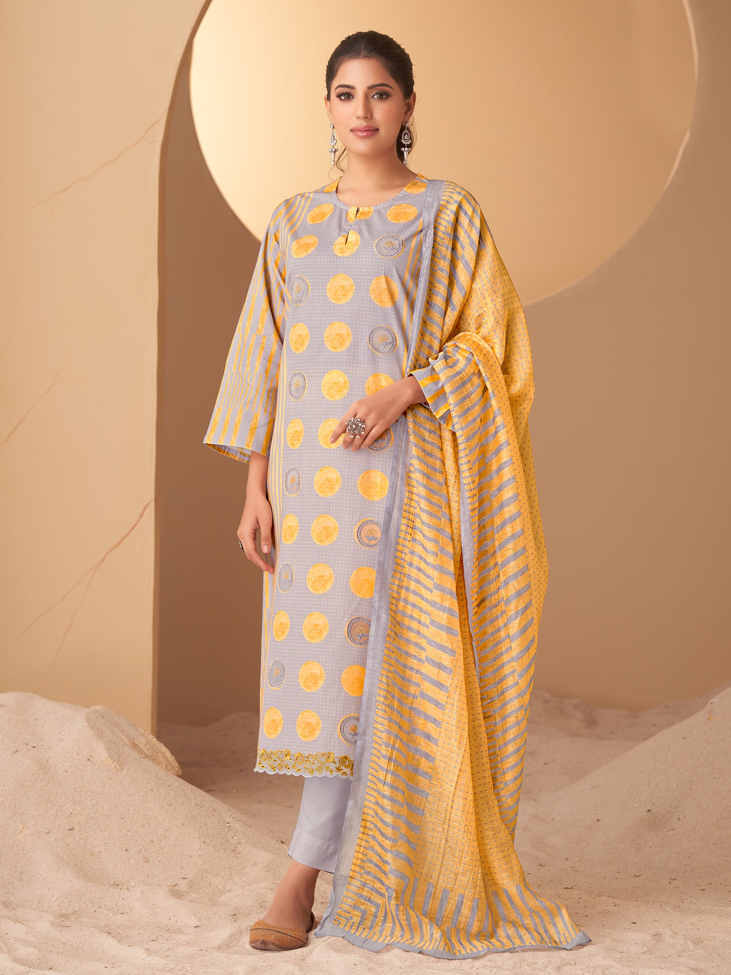 INDU YELLOW Pure Cotton Unstitched Set with Elegant Embroidery Work
