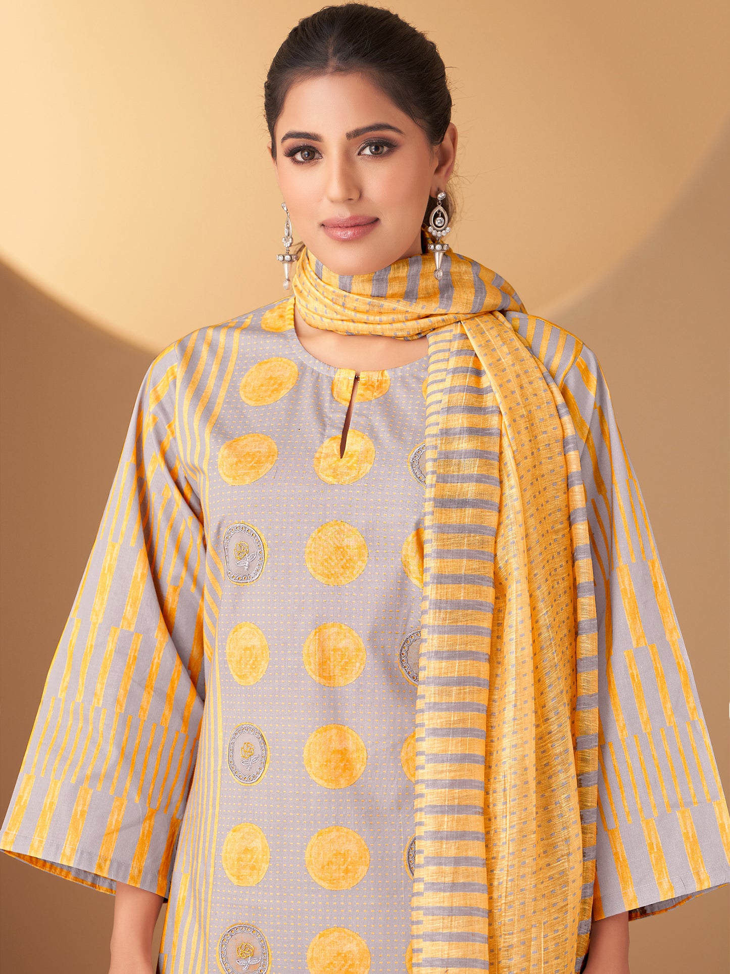 INDU YELLOW Pure Cotton Unstitched Set with Elegant Embroidery Work