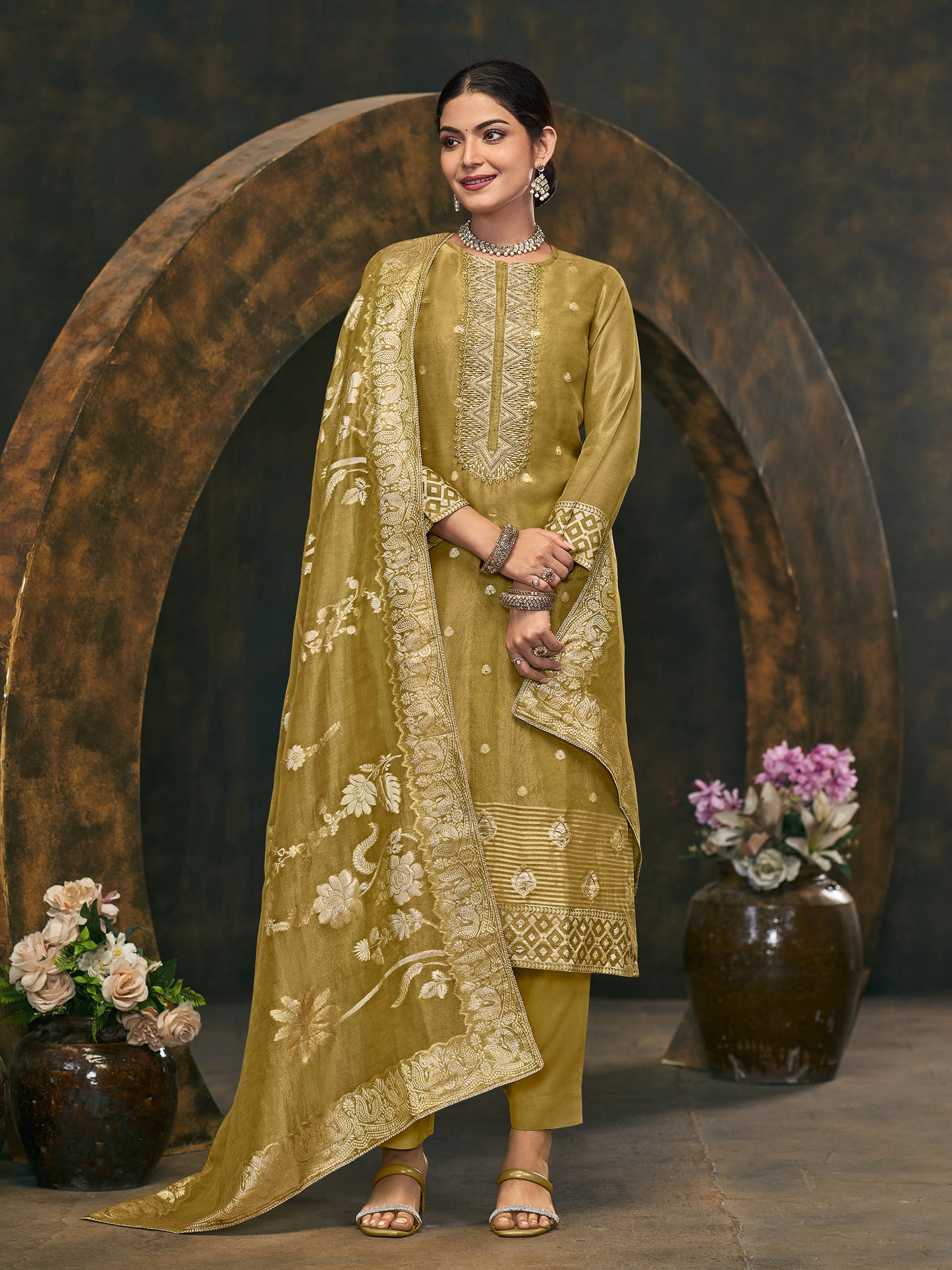 BAGAN GREEN Pure Fancy Simmer Unstitched Set with Intricate Handwork & Elegant Embroidery