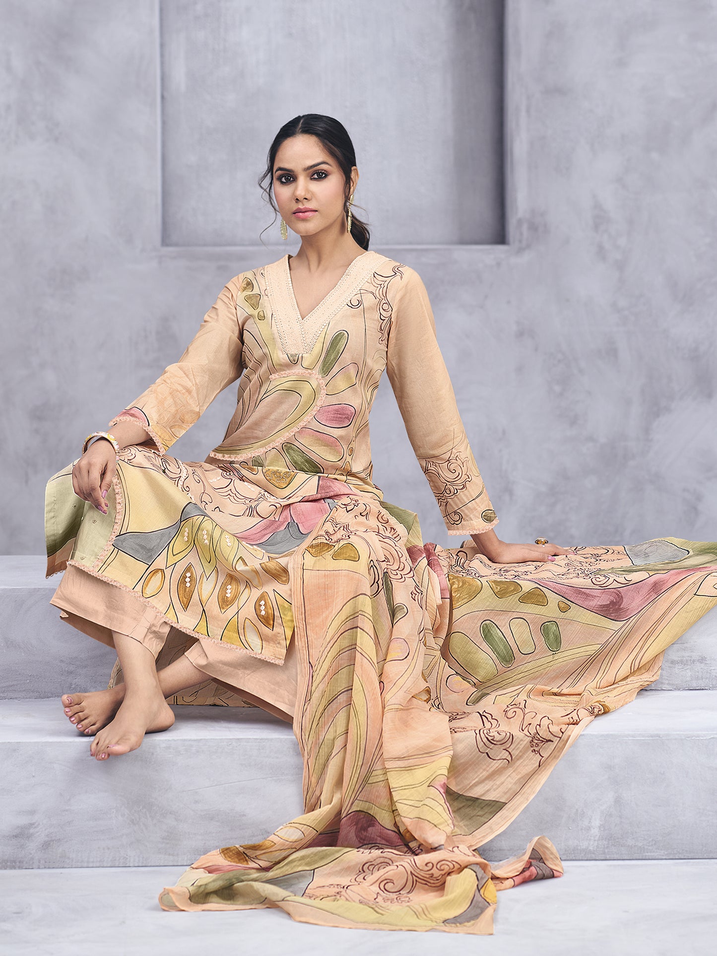 RAHAA LIGHT ORANGE Pure Cotton Suit Set with Graceful Handwork & Embroidery