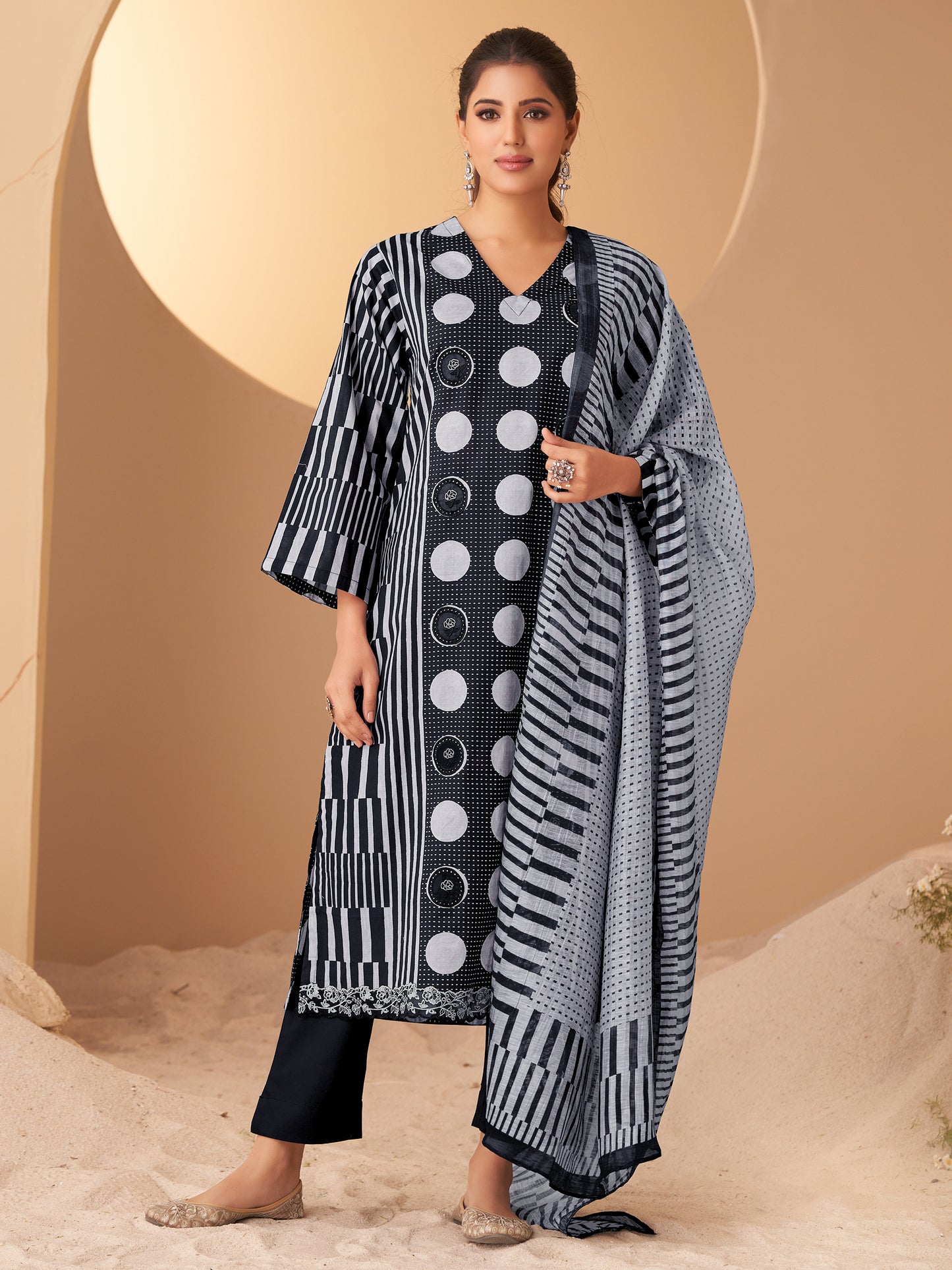 INDU BLACK Cotton Suit Set with Intricate Embroidery Work