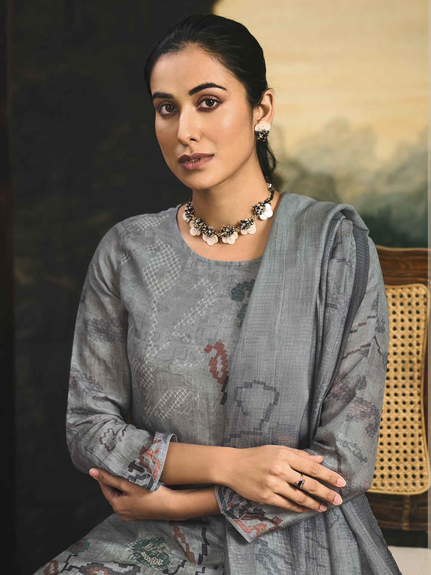 ANSHIKA GREY Muslin Unstitched Set With Fancy Handwork