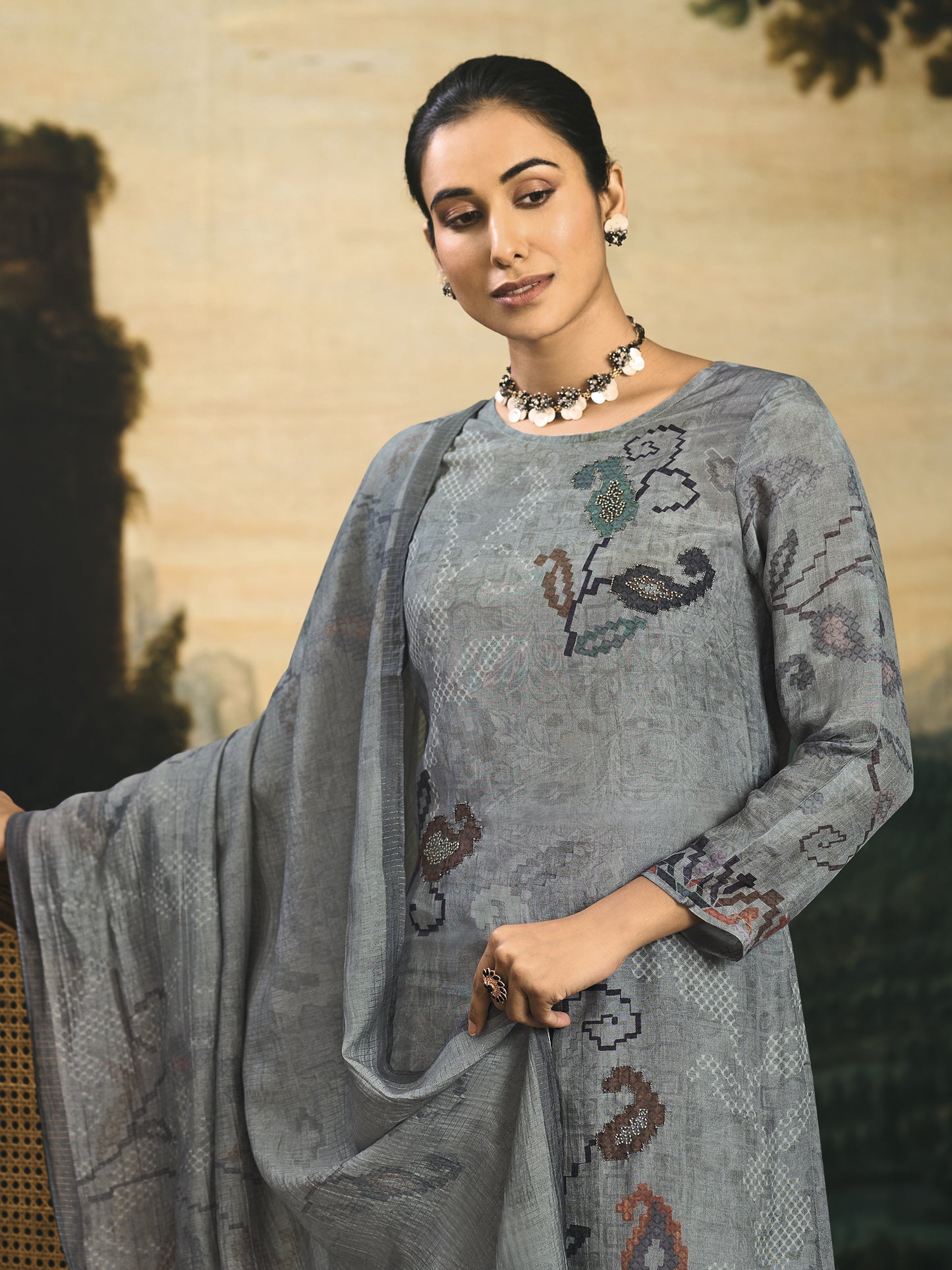 ANSHIKA GREY Muslin Unstitched Set With Fancy Handwork