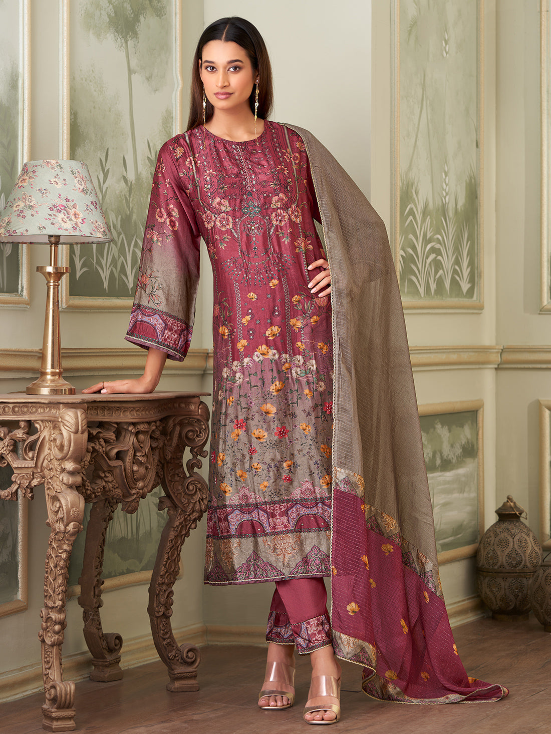 BRINDA Maron - Russian Suit Set With Attractive Handwork
