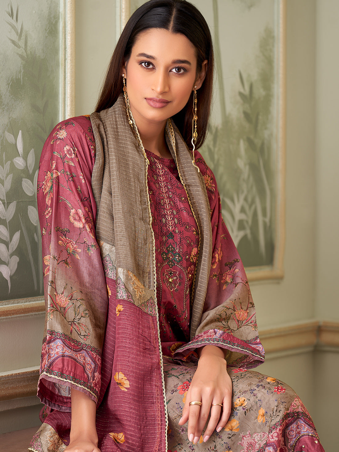 BRINDA Maron - Russian Suit Set With Attractive Handwork