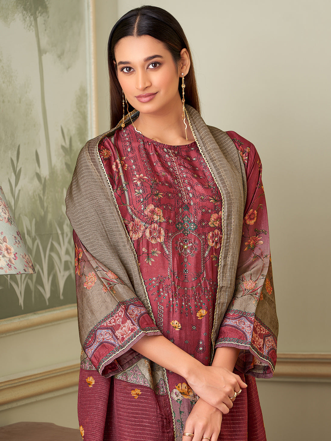 BRINDA Maron - Russian Suit Set With Attractive Handwork