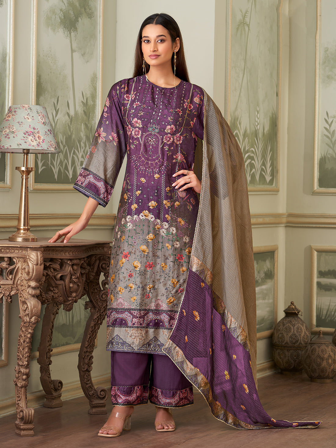 BRINDA Violet - Russian Unstitched Set With Attractive Handwork