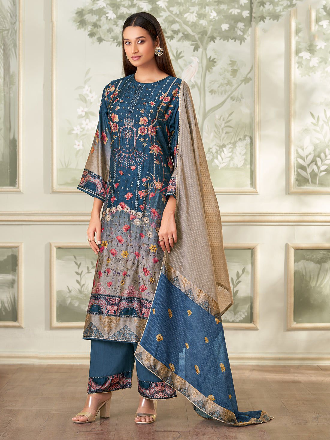 BRINDA Blue - Russian Unstitched Set With Attractive Handwork