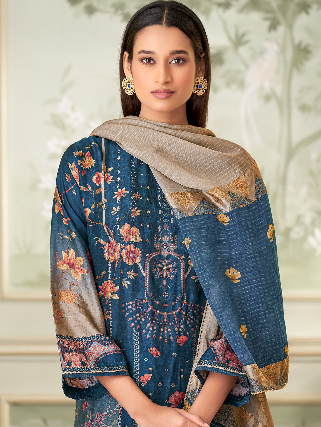 BRINDA Blue - Russian Unstitched Set With Attractive Handwork