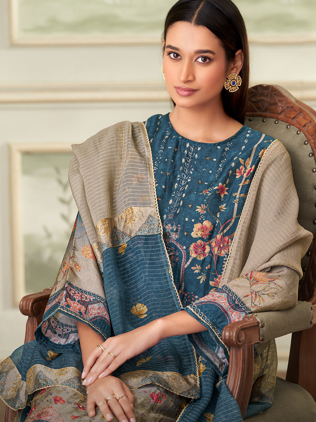 BRINDA Blue - Russian Unstitched Set With Attractive Handwork