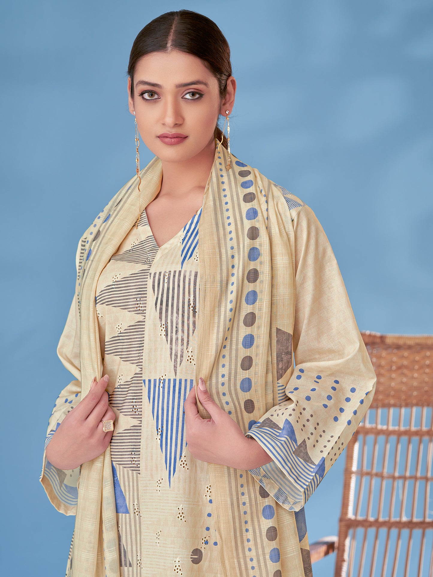SAJAL BLUE Luxe Cotton Unstitched Set with Beautiful Embroidery Work