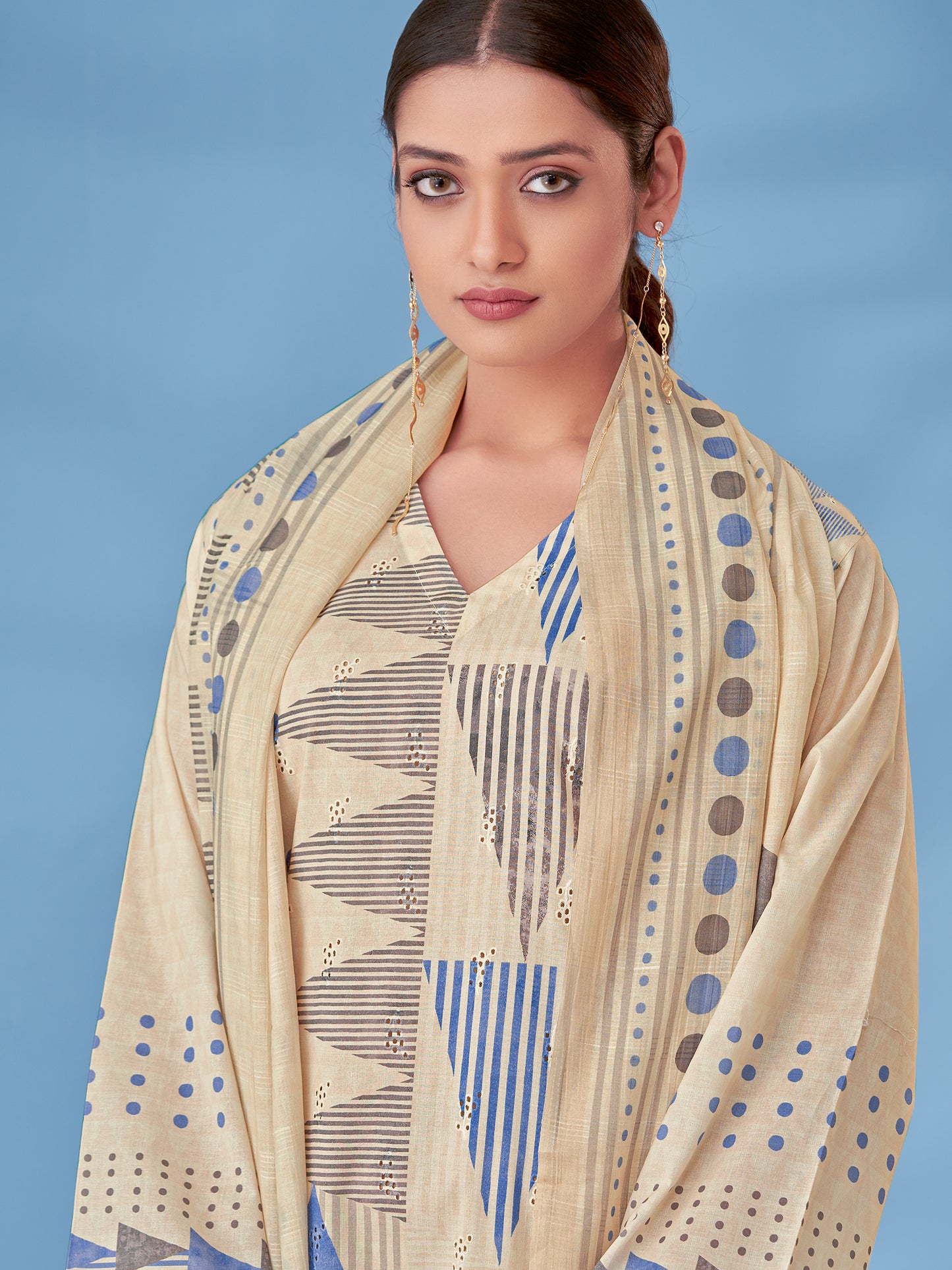 SAJAL BLUE Luxe Cotton Unstitched Set with Beautiful Embroidery Work