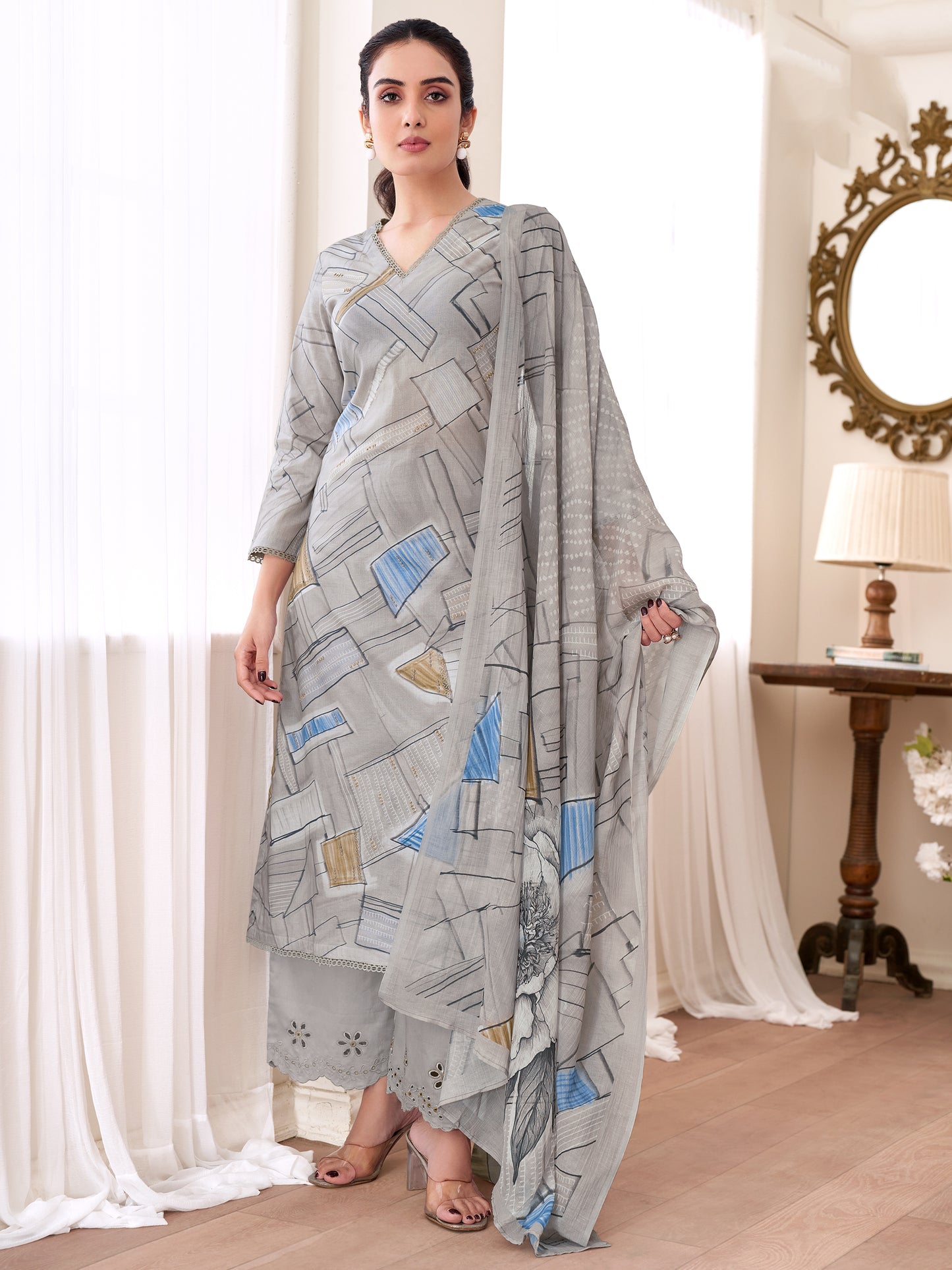 PRIYANSHI GREY Pure Cotton Suit Set with Stunning Fancy Handwork