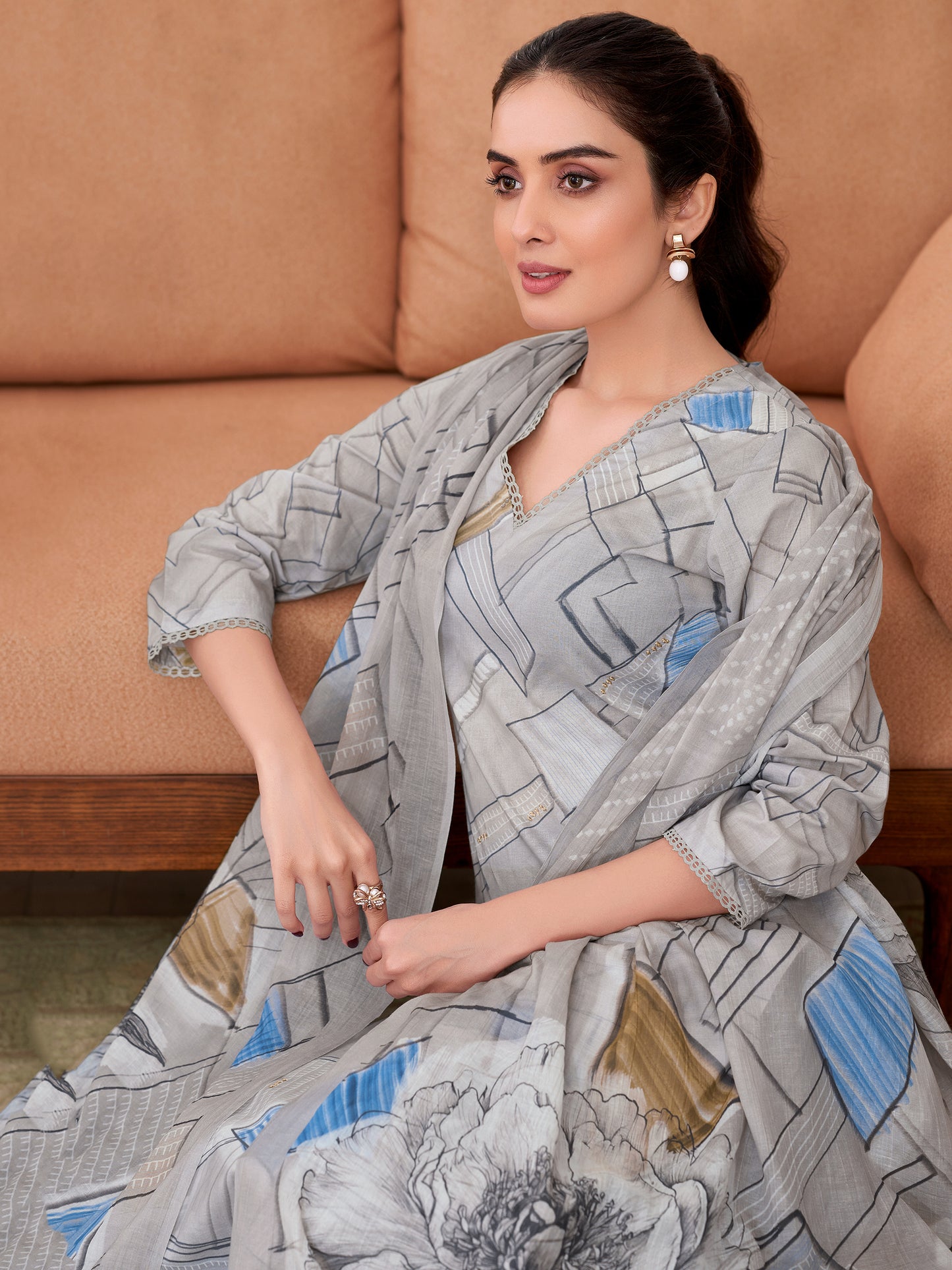 PRIYANSHI GREY Pure Cotton Suit Set with Stunning Fancy Handwork