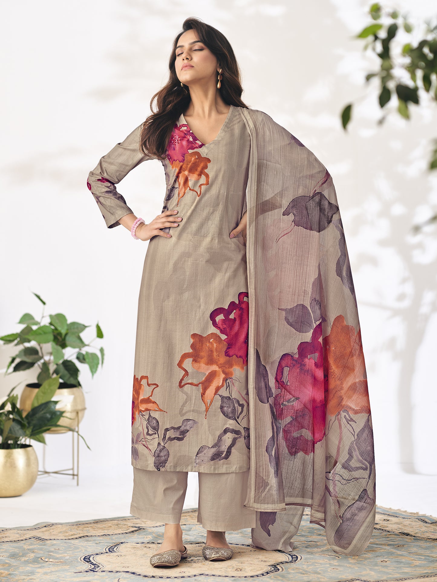 Pragya Brown Elegance Pure Cotton Unstitched Set with Handcrafted Details