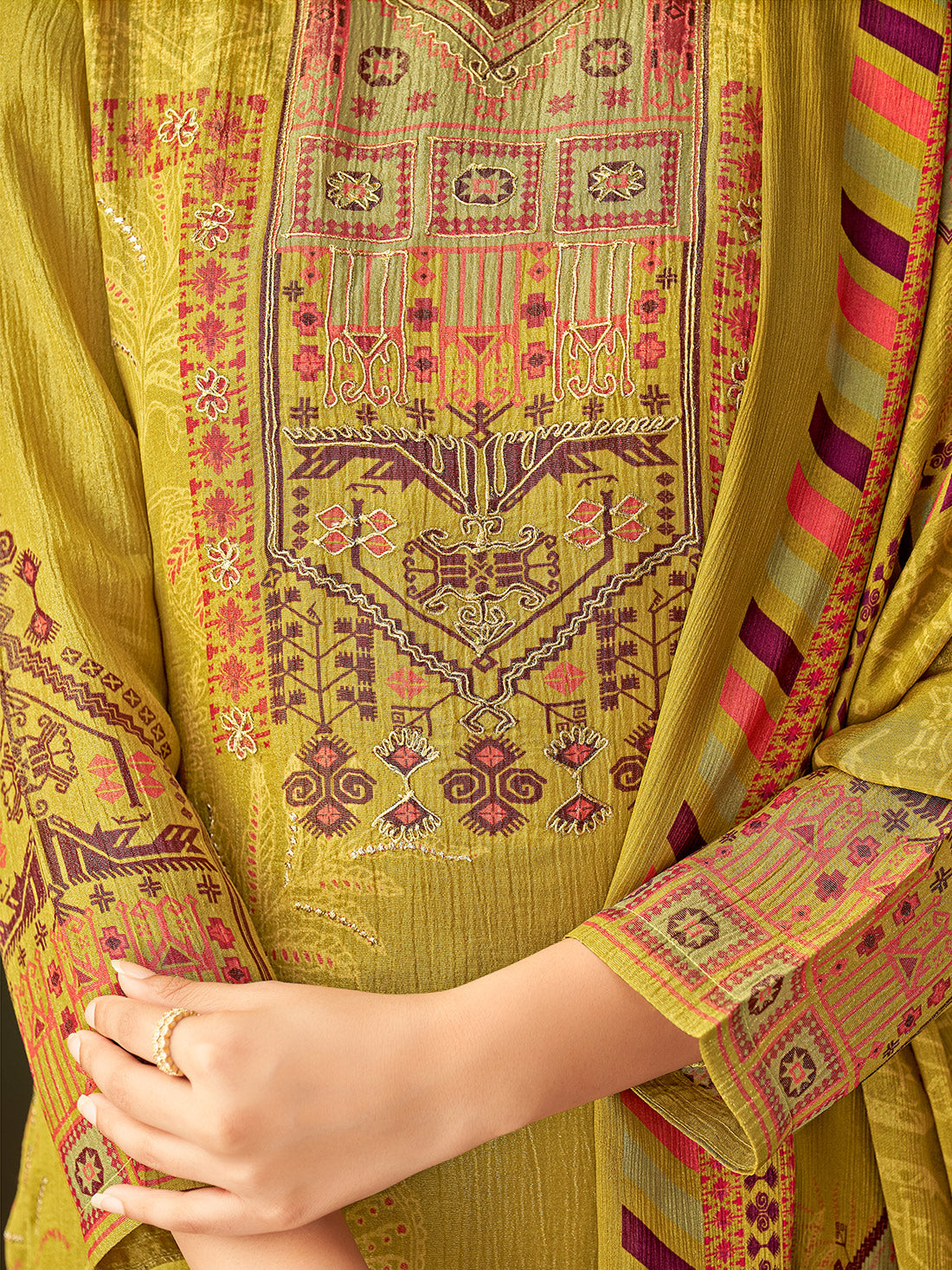 MAHEK Yellow Pure Simmar Tissue Suit Set With Fancy Threadle work