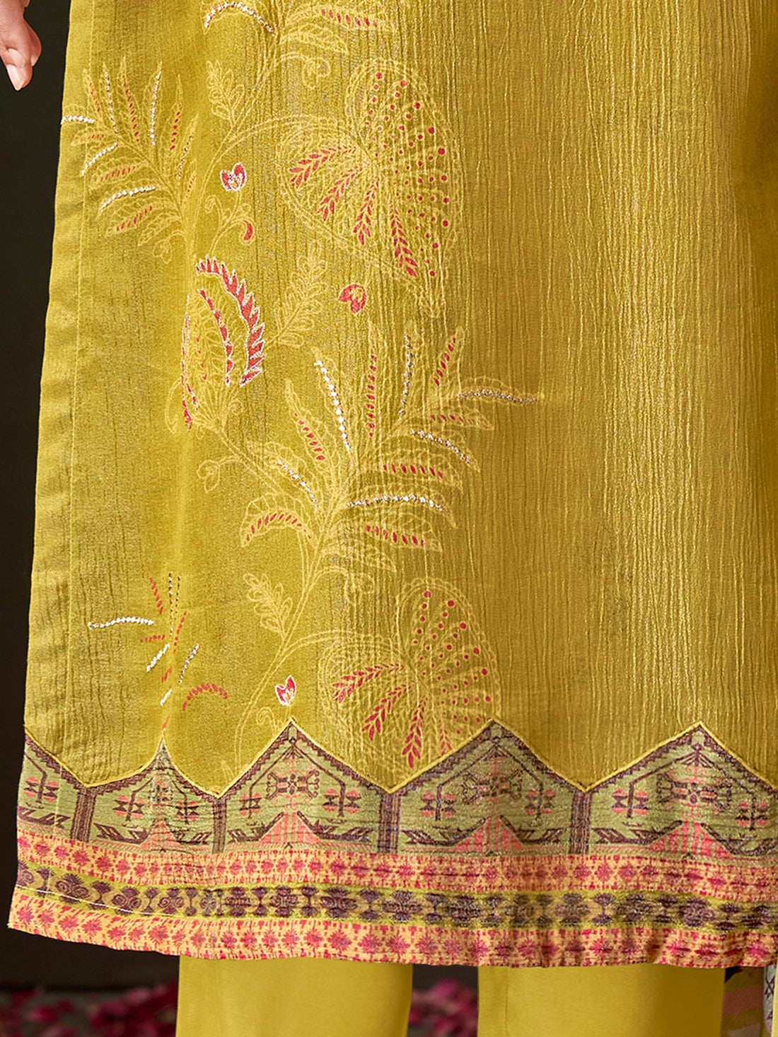 MAHEK Yellow Pure Simmar Tissue Suit Set With Fancy Threadle work