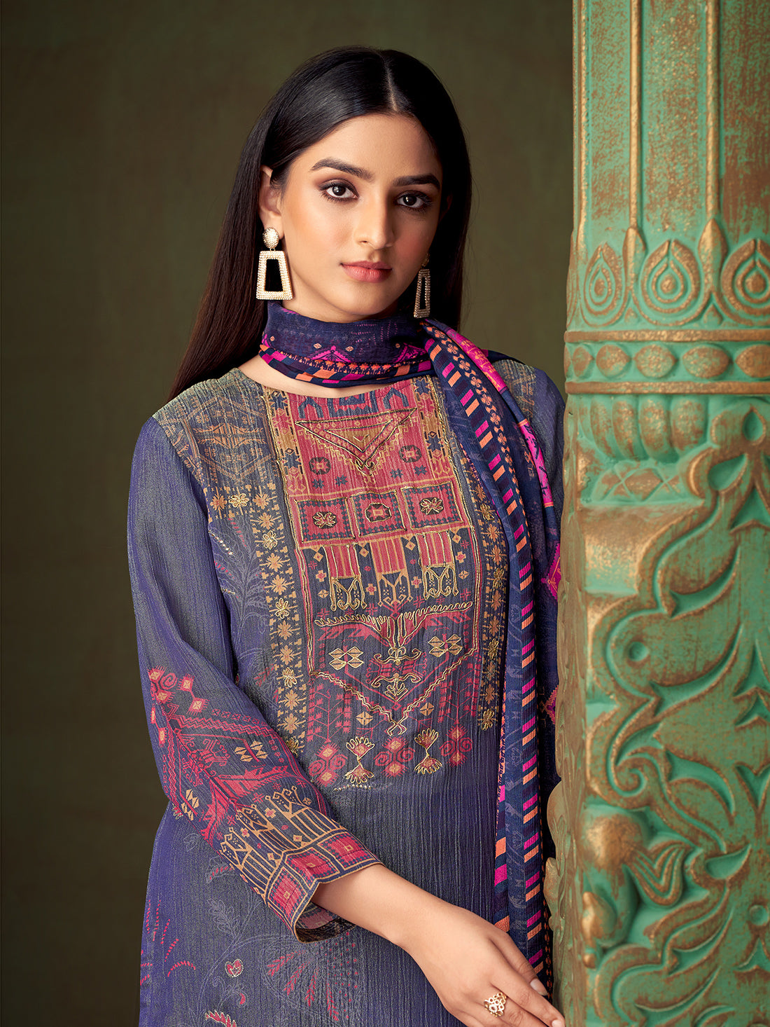 MAHEK Blue Pure Simmar Tissue Suit Set With Fancy Threadle work