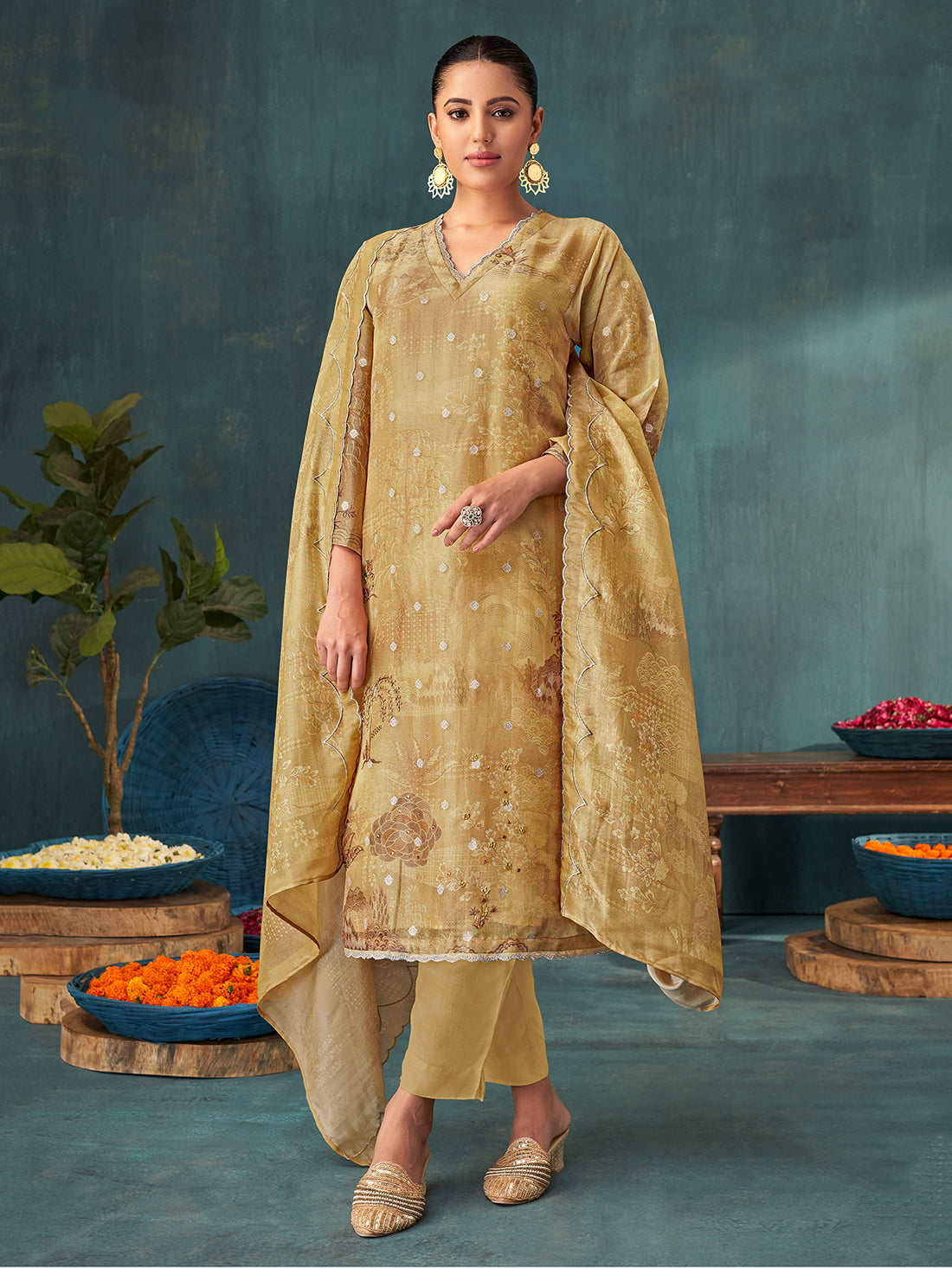 IQRA Metallic brownish yellow - Simmer Jaquard Suit Set With Handwork & Embroidery