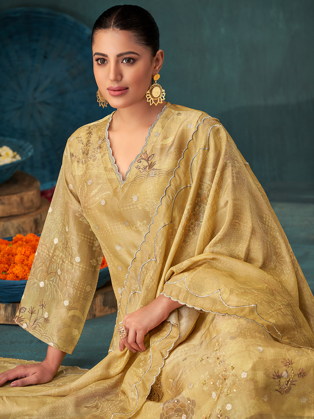 IQRA Metallic brownish yellow - Simmer Jaquard Suit Set With Handwork & Embroidery