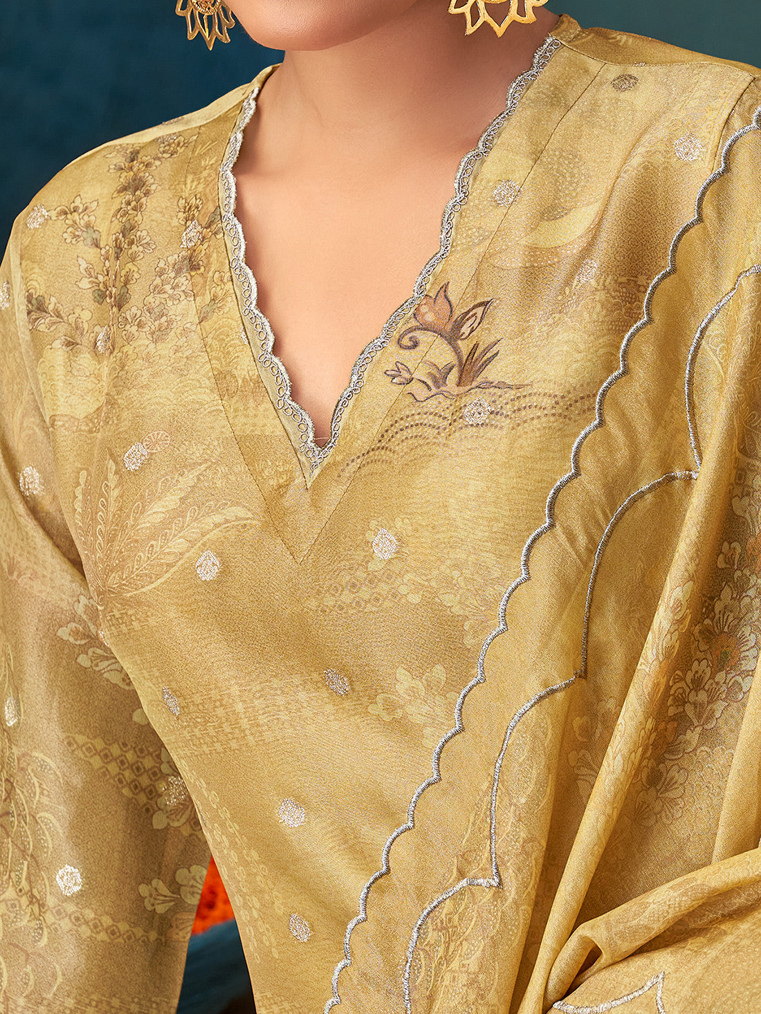 IQRA Metallic brownish yellow - Simmer Jaquard Suit Set With Handwork & Embroidery