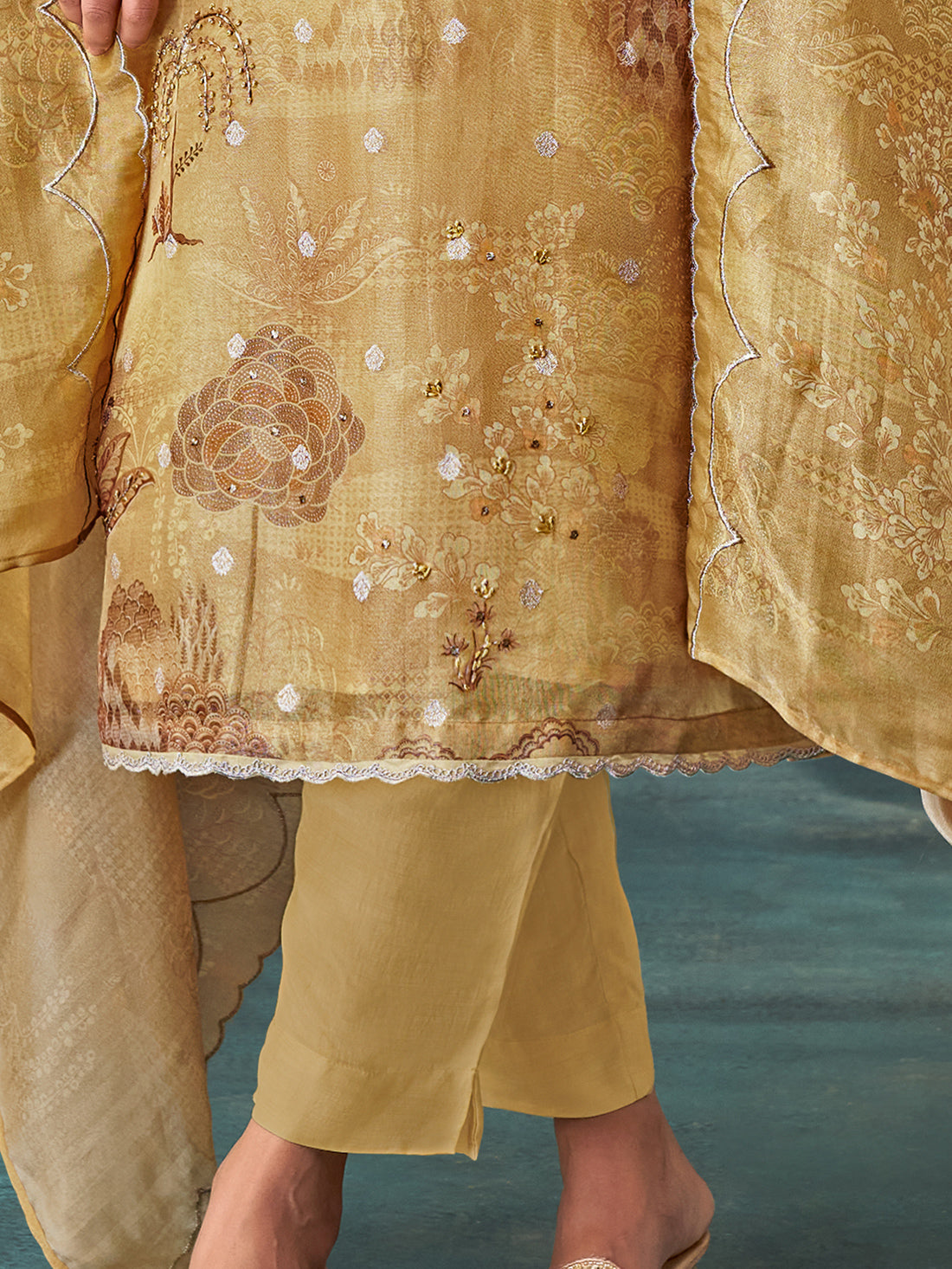 IQRA Metallic brownish yellow - Simmer Jaquard Suit Set With Handwork & Embroidery