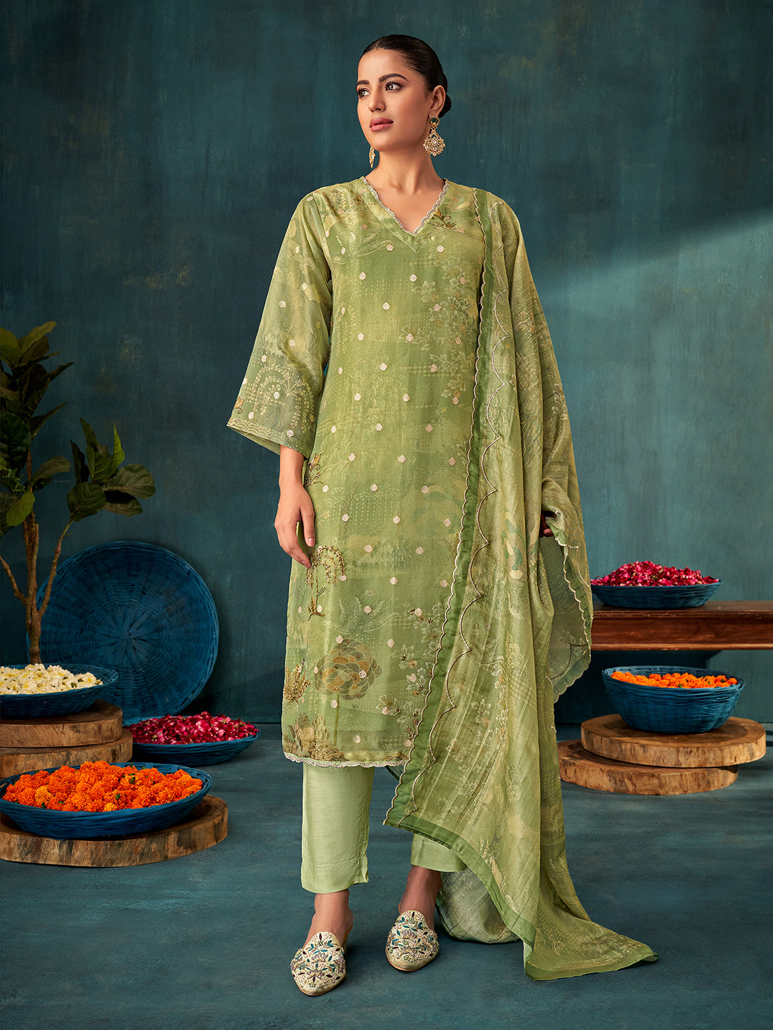 IQRA Metallic Green - Simmer Jaquard Unstitched Set With Handwork & Embroidery