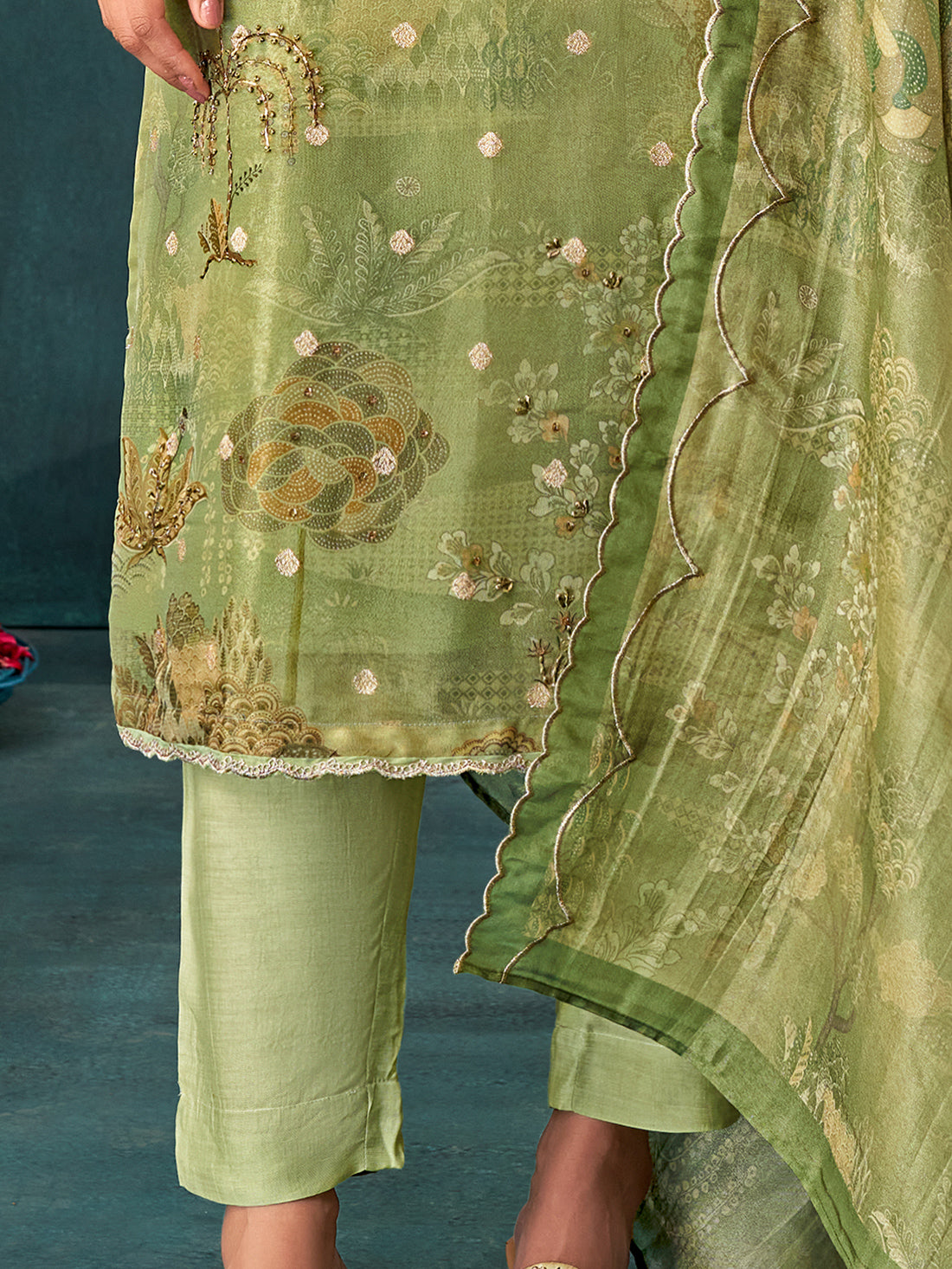 IQRA Metallic Green - Simmer Jaquard Unstitched Set With Handwork & Embroidery