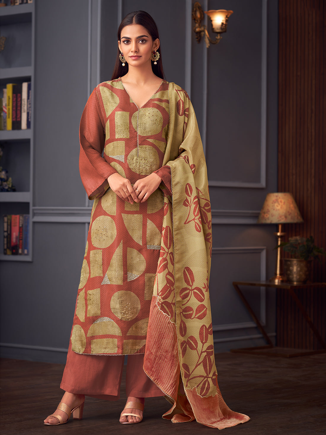 ISHRAT Rust - Simmer Unstitched Set With Handwork & Threadle