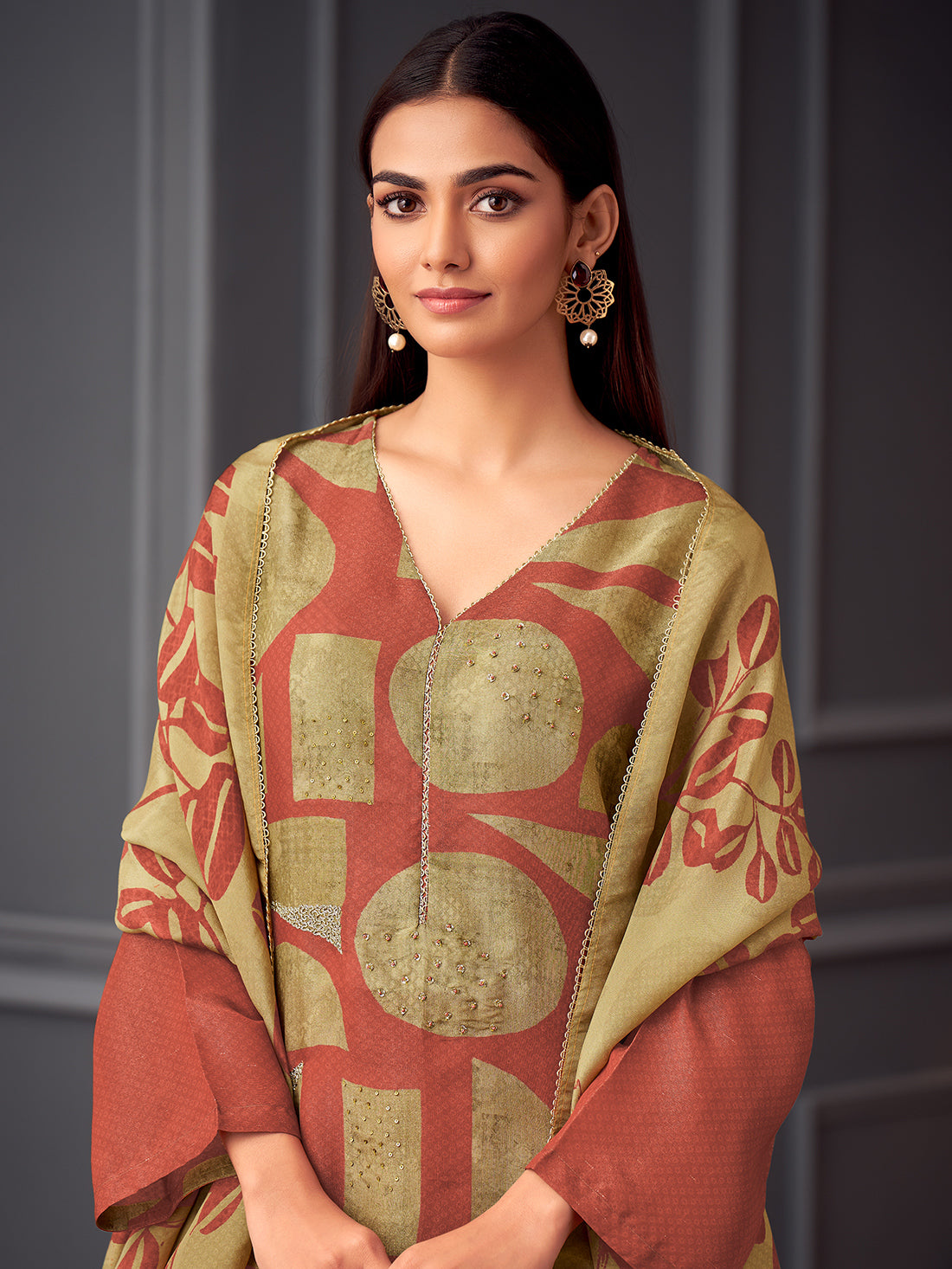 ISHRAT Rust - Simmer Unstitched Set With Handwork & Threadle