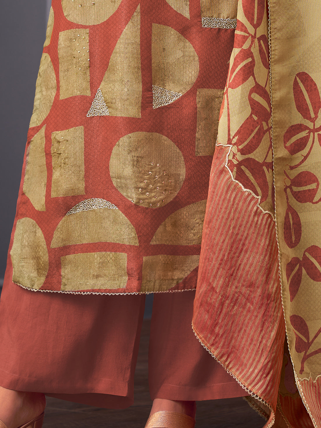 ISHRAT Rust - Simmer Unstitched Set With Handwork & Threadle