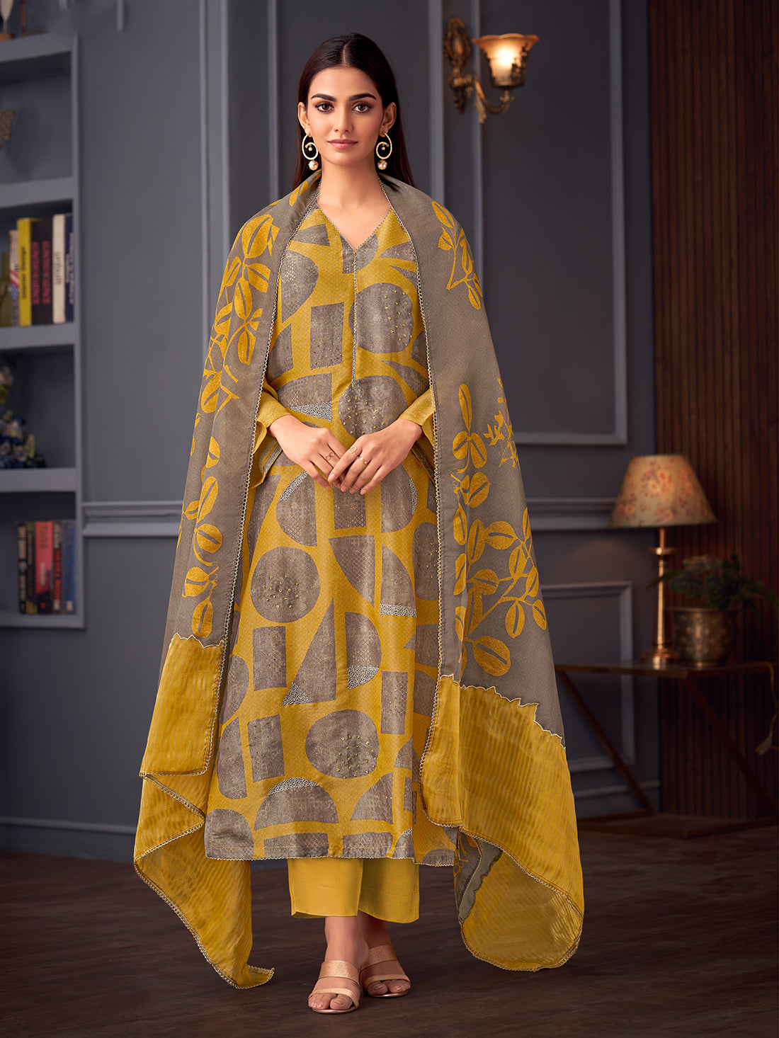 ISHRAT Mustard YELLOW - Simmer Unstitched Set With Handwork & Threadle