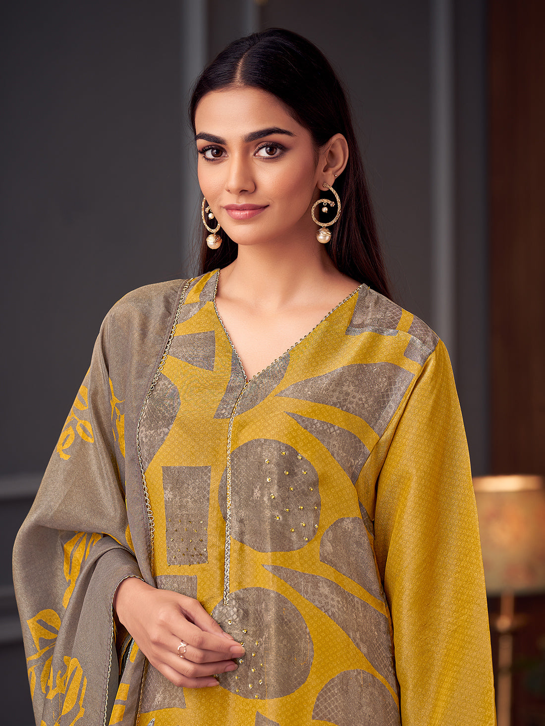 ISHRAT Mustard YELLOW - Simmer Unstitched Set With Handwork & Threadle