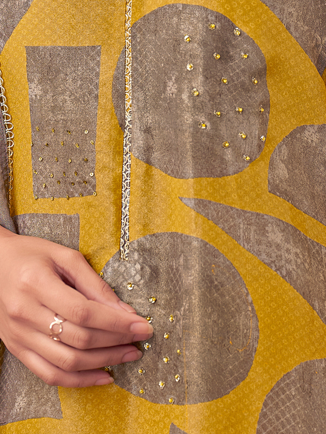 ISHRAT Mustard YELLOW - Simmer Unstitched Set With Handwork & Threadle