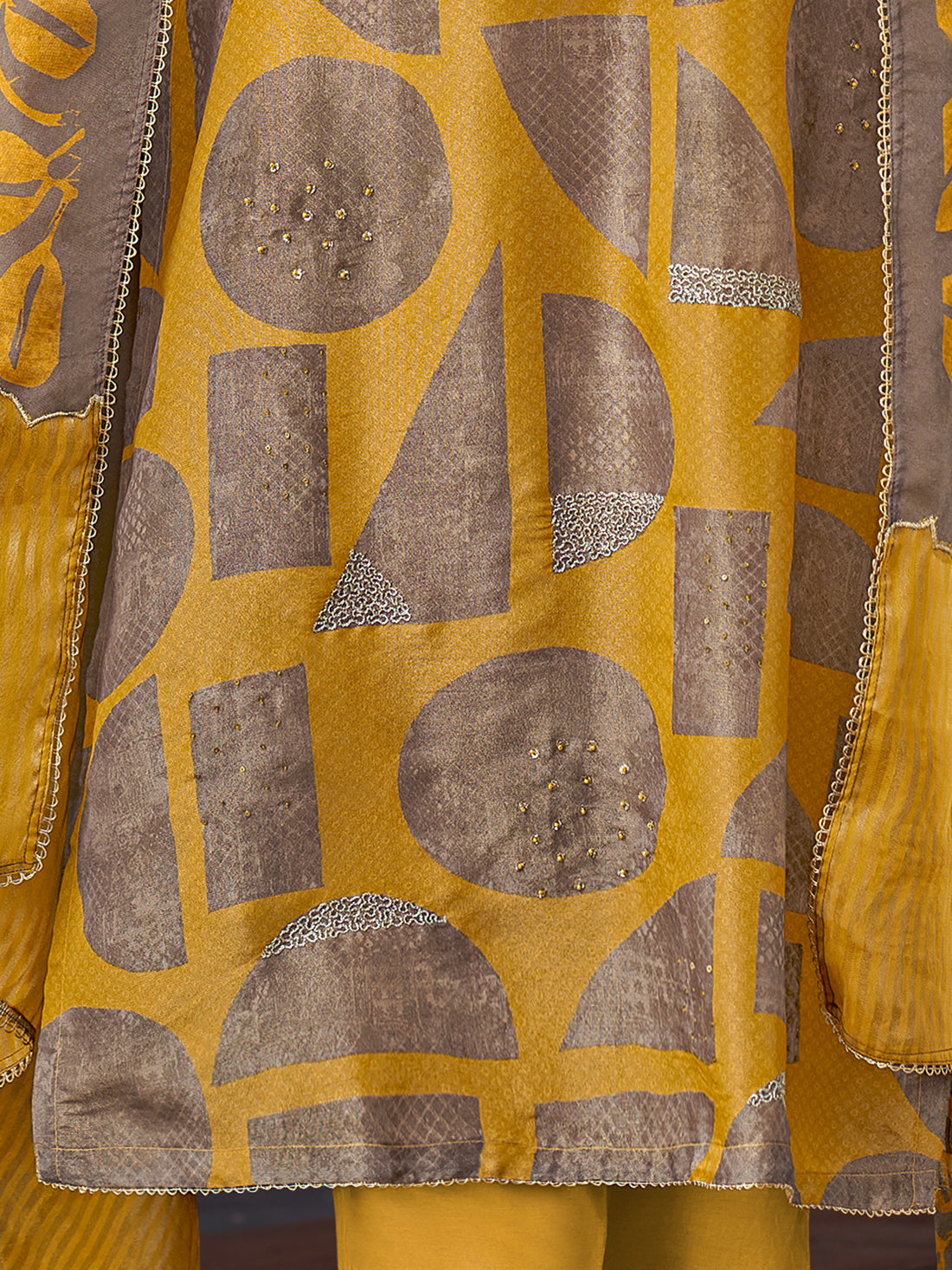 ISHRAT Mustard YELLOW - Simmer Unstitched Set With Handwork & Threadle