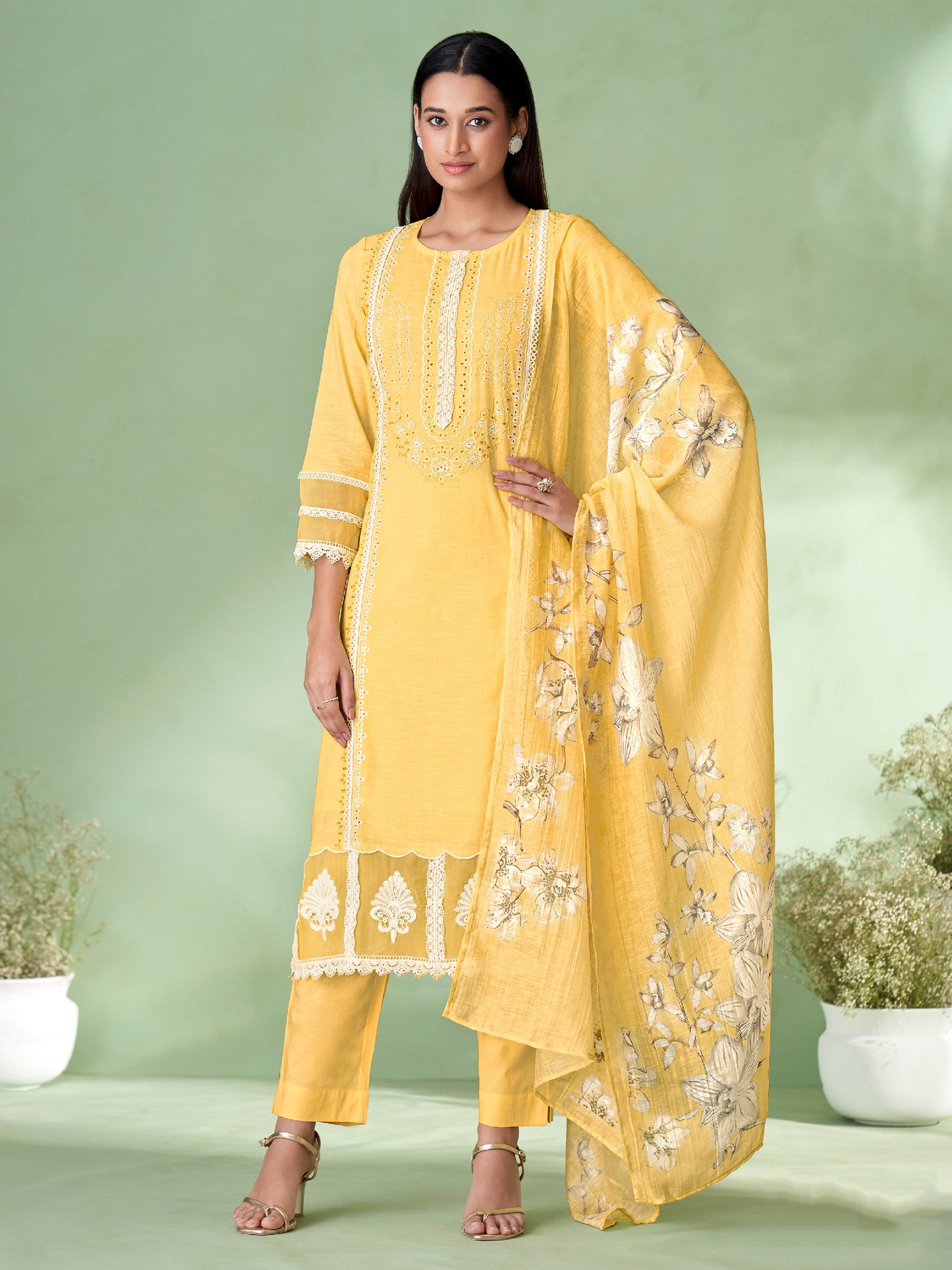 AVARNA YELLOW Pure Linen Unstitched Set with Elegant Heavy Embroidery