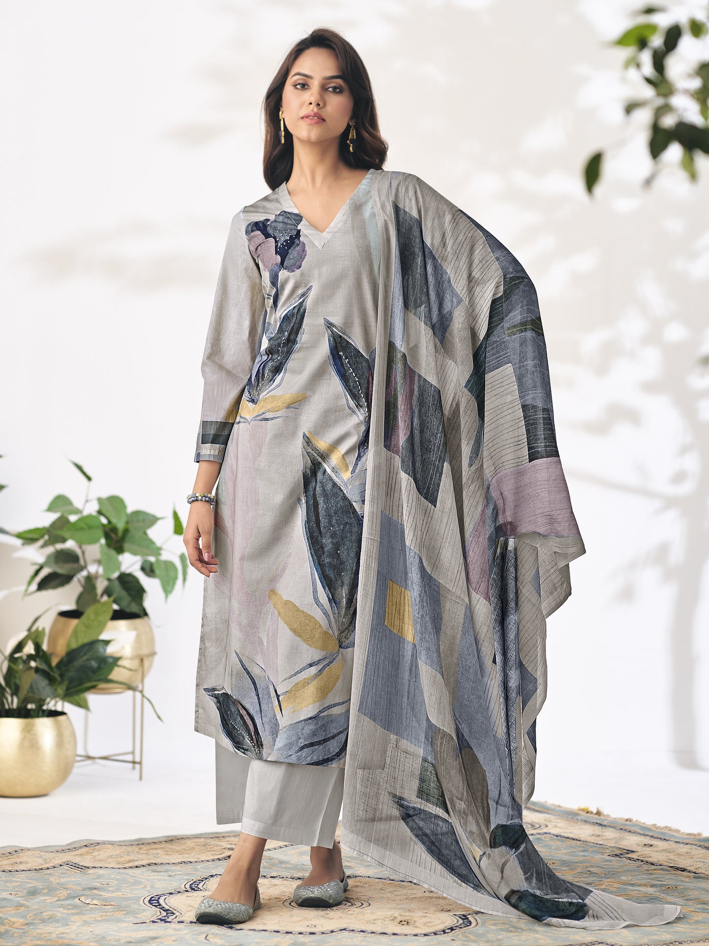Pragya Soft Grey Pure Cotton Suit Set with Elegant Handcrafted