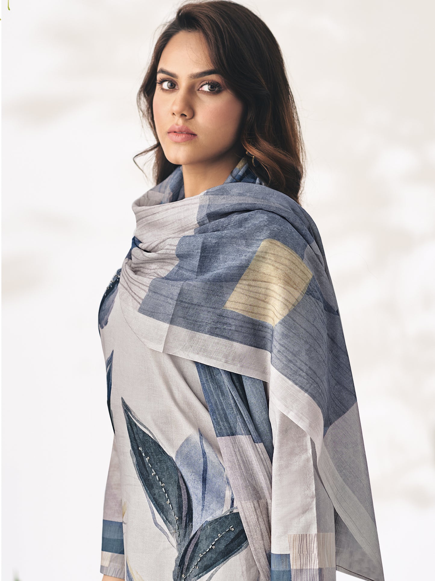 Pragya Soft Grey Pure Cotton Suit Unstitched with Elegant Handcrafted