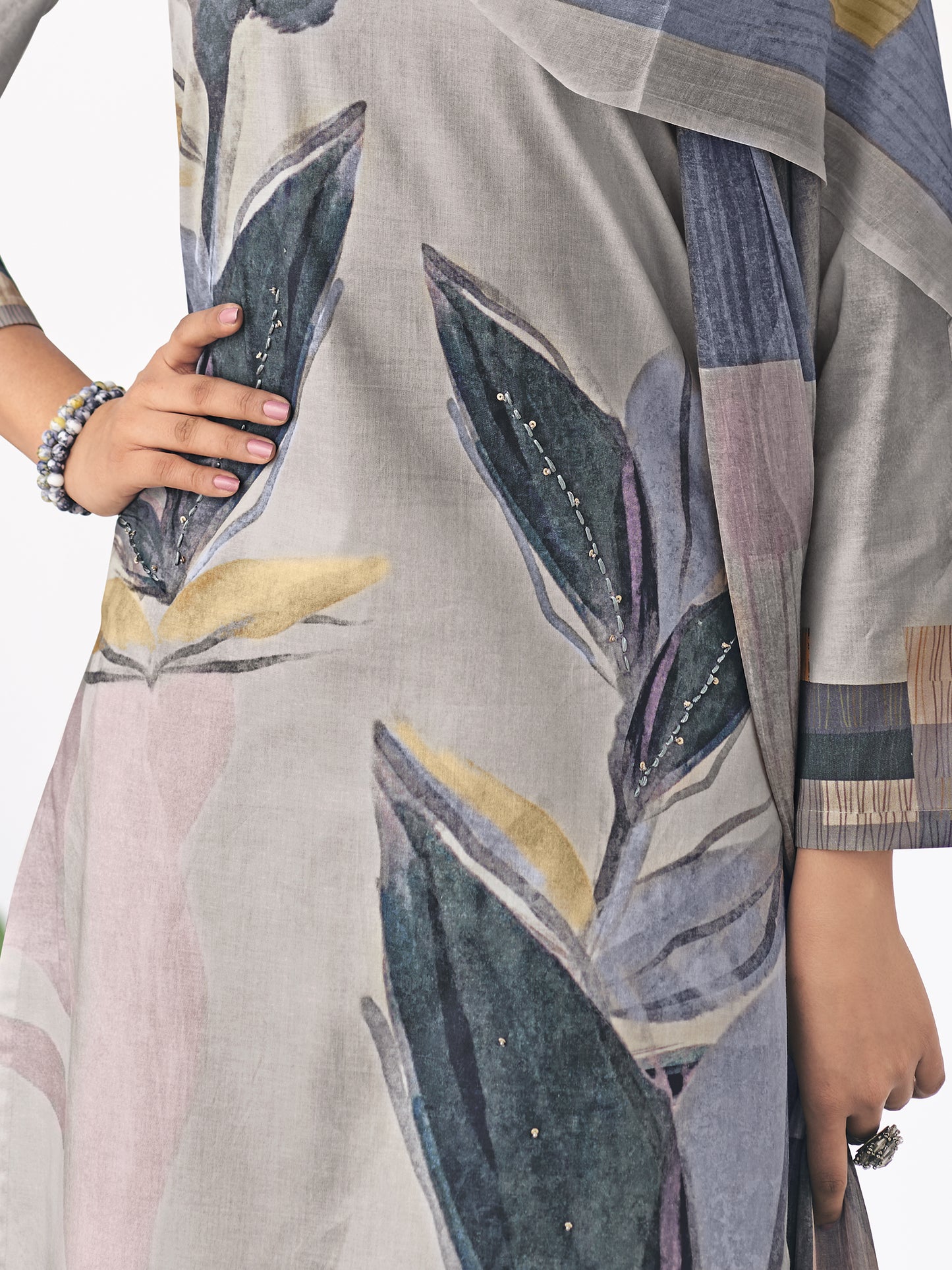 Pragya Soft Grey Pure Cotton Suit Unstitched with Elegant Handcrafted