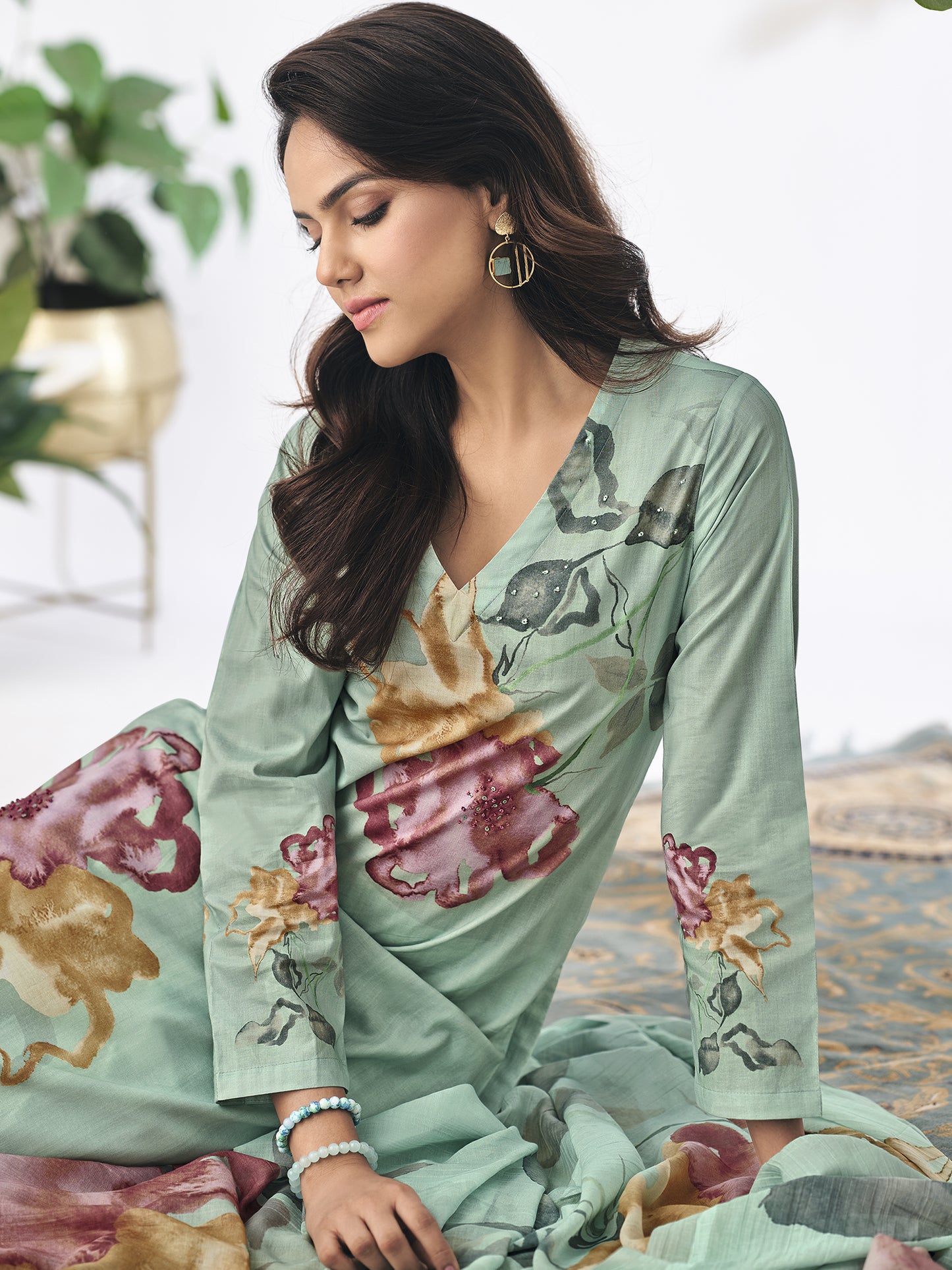Pragya Vibrant Green Charm Pure Cotton Rama Green Unstitched Set with Handwork