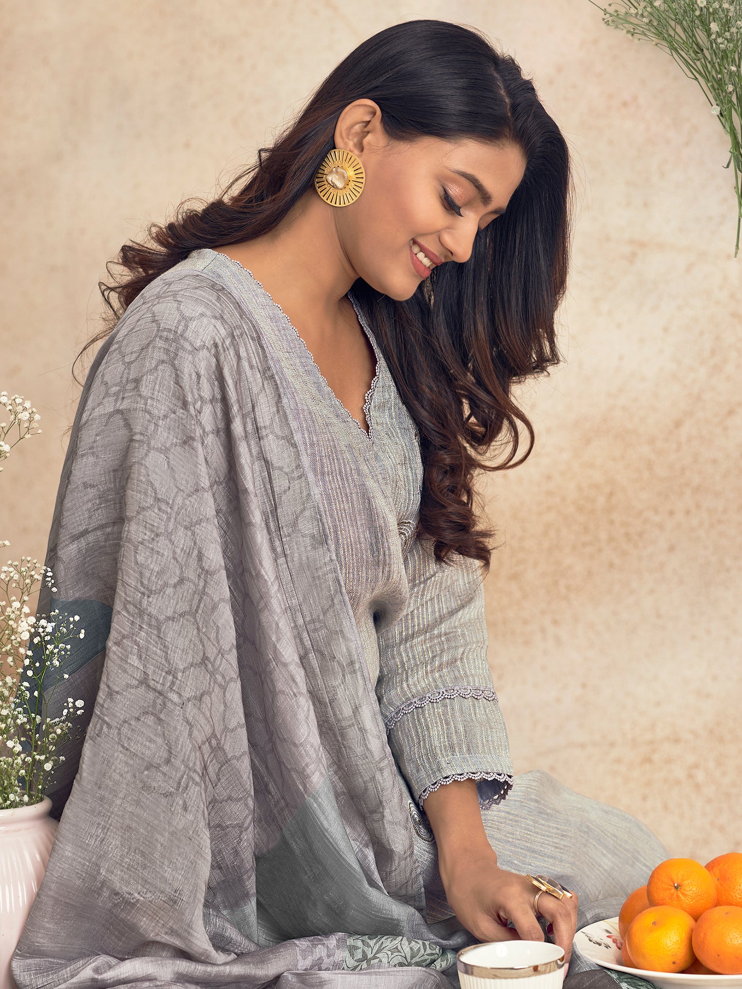 NIRJHARI GREY Pure Fancy Linen Zari Unstitched Set With Elegant Handwork, Embroidery & Threadal